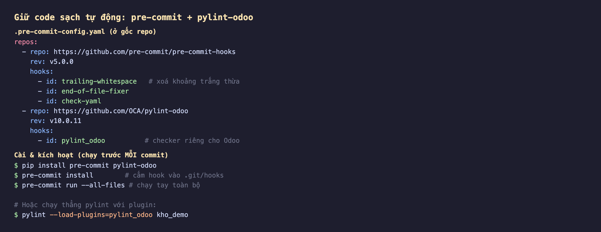 Cấu hình giữ code sạch tự động bằng pre-commit và pylint-odoo: file .pre-commit-config.yaml ở gốc repo khai danh sách repos gồm pre-commit-hooks phiên bản v5.0.0 với các hook trailing-whitespace xoá khoảng trắng thừa, end-of-file-fixer, check-yaml; và repo OCA pylint-odoo phiên bản v10.0.11 với hook pylint_odoo là checker riêng cho Odoo; phần cài và kích hoạt gồm pip install pre-commit pylint-odoo, lệnh pre-commit install để cắm hook vào thư mục .git hooks, pre-commit run all-files để chạy tay toàn bộ, và cách chạy thẳng pylint với load-plugins pylint_odoo trên module kho_demo