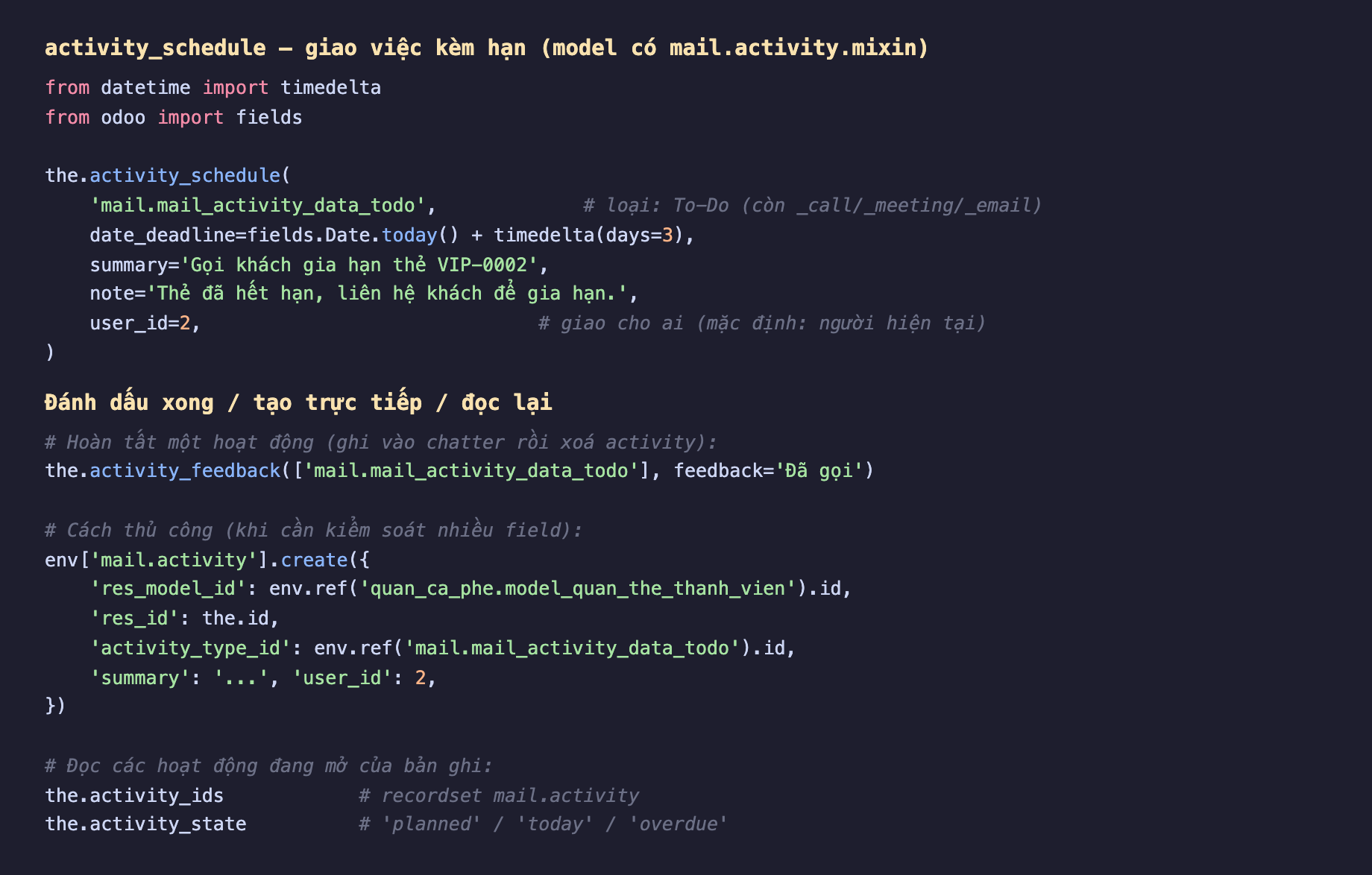 Ảnh chụp đoạn mã Python nền tối hai phần. Phần trên gọi the activity_schedule với đối số đầu là mail mail_activity_data_todo kèm chú thích loại To-Do còn có call meeting email, date_deadline bằng fields Date today cộng timedelta 3 ngày, summary Gọi khách gia hạn thẻ VIP-0002, note Thẻ đã hết hạn liên hệ khách để gia hạn, user_id bằng 2 kèm chú thích giao cho ai mặc định người hiện tại. Phần dưới activity_feedback để hoàn tất một hoạt động ghi vào chatter rồi xoá, cách thủ công env mail activity create với res_model_id res_id activity_type_id summary user_id, và đọc lại the activity_ids là recordset mail activity và the activity_state là planned today hoặc overdue