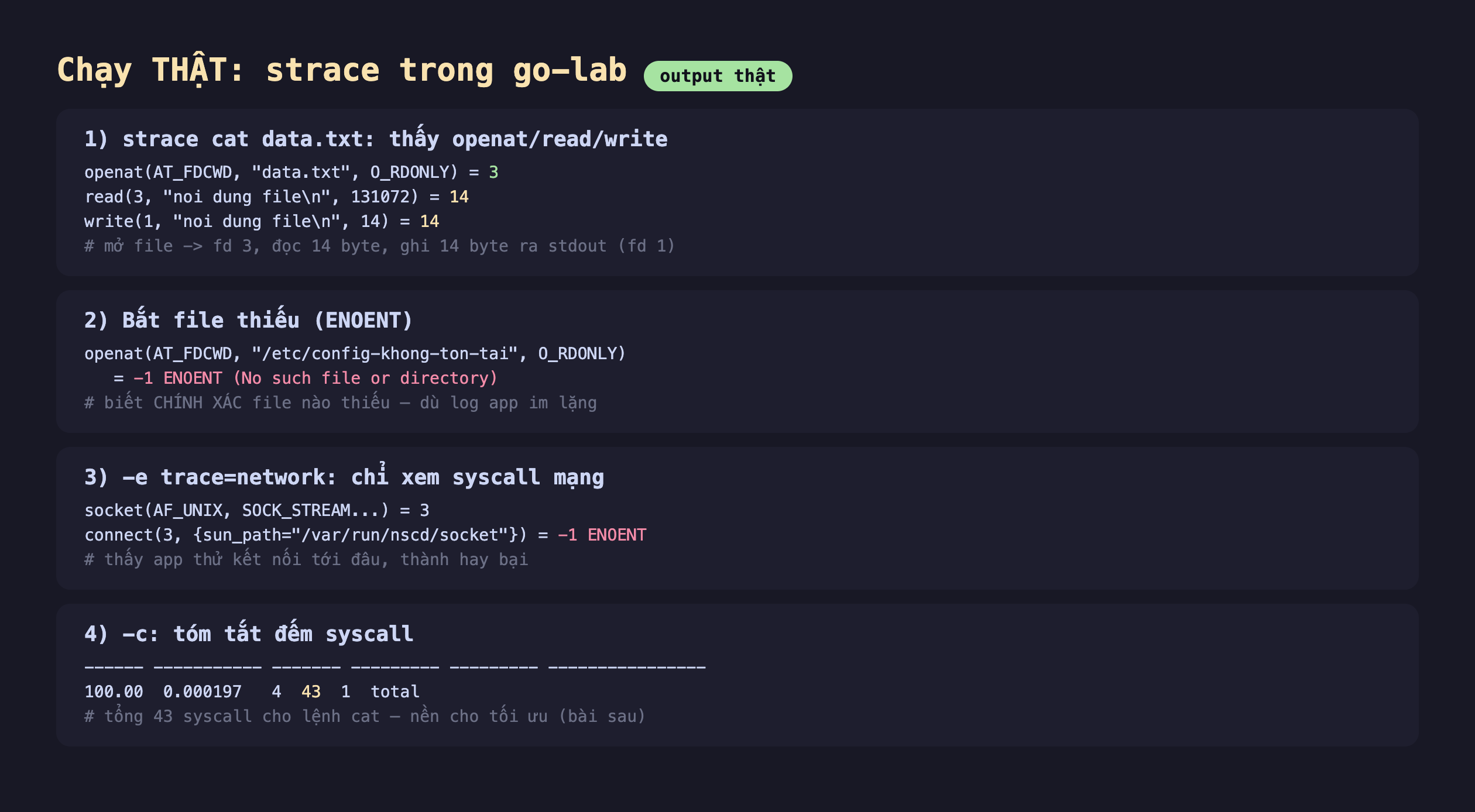Ảnh chụp bảng kết quả chạy thật strace trong go-lab output thật, một strace cat data.txt thấy openat read write openat AT_FDCWD data.txt O_RDONLY bằng 3 read 3 noi dung file 131072 bằng 14 write 1 noi dung file 14 bằng 14 mở file fd 3 đọc 14 byte ghi 14 byte ra stdout fd 1, hai bắt file thiếu ENOENT openat AT_FDCWD etc config-khong-ton-tai O_RDONLY bằng -1 ENOENT No such file or directory biết chính xác file nào thiếu dù log app im lặng, ba -e trace network chỉ xem syscall mạng socket AF_UNIX SOCK_STREAM bằng 3 connect 3 sun_path var run nscd socket bằng -1 ENOENT thấy app thử kết nối tới đâu thành hay bại, bốn -c tóm tắt đếm syscall 100.00 0.000197 4 43 1 total tổng 43 syscall cho lệnh cat nền cho tối ưu bài sau