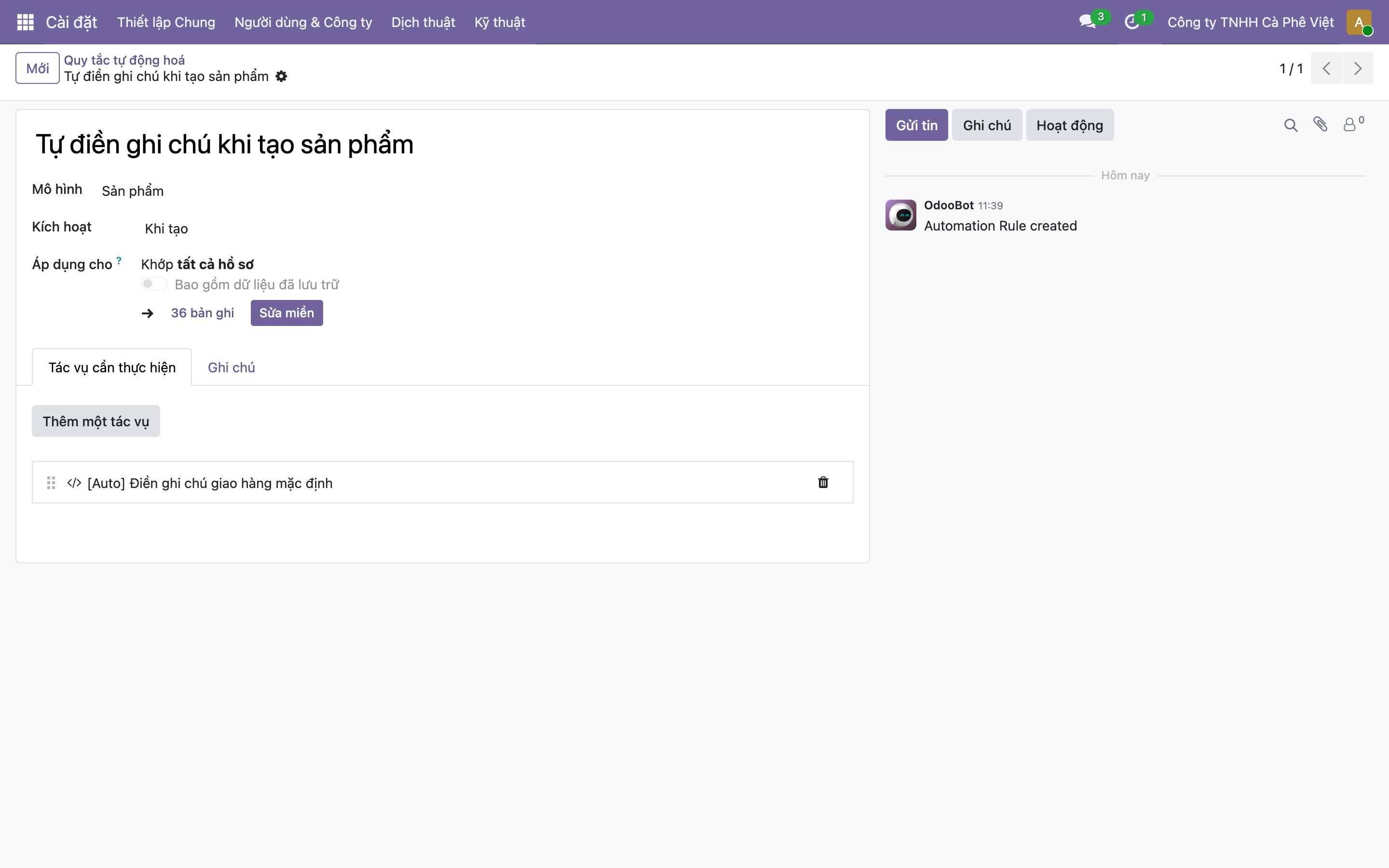 Form Quy tắc tự động hoá trong Odoo tên Tự điền ghi chú khi tạo sản phẩm, Mô hình Sản phẩm, Kích hoạt Khi tạo, Áp dụng cho Khớp tất cả hồ sơ 36 bản ghi; tab Tác vụ cần thực hiện liệt kê một server action Auto Điền ghi chú giao hàng mặc định
