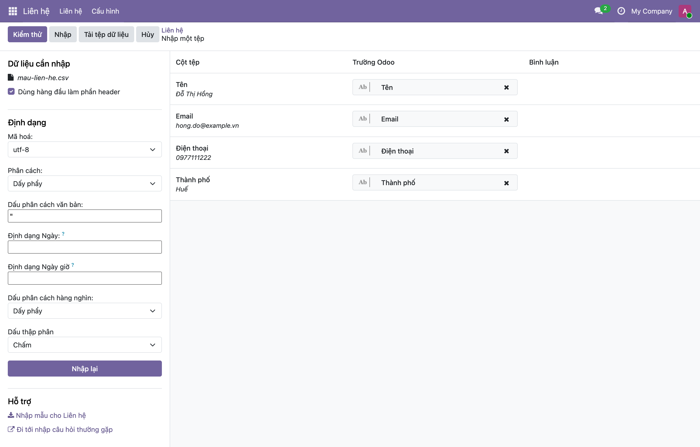 Màn ánh xạ cột: các cột trong file như Tên, Email, Điện thoại, Thành phố được Odoo tự khớp với đúng trường