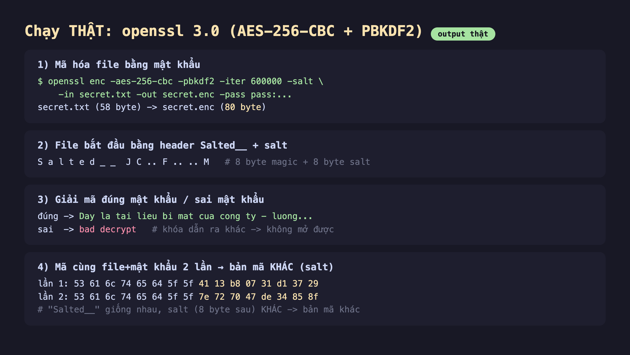 Ảnh chụp bảng kết quả đo thật nền tối chạy openssl 3.0 AES-256-CBC cộng PBKDF2, phần một mã hóa file bằng mật khẩu openssl enc -aes-256-cbc -pbkdf2 -iter 600000 -salt -in secret.txt -out secret.enc -pass pass secret.txt 58 byte thành secret.enc 80 byte, phần hai file bắt đầu bằng header Salted__ cộng salt S a l t e d gạch dưới gạch dưới J C F M 8 byte magic cộng 8 byte salt, phần ba giải mã đúng mật khẩu sai mật khẩu đúng ra Day la tai lieu bi mat cua cong ty luong sai ra bad decrypt khóa dẫn ra khác không mở được, phần bốn mã cùng file cộng mật khẩu 2 lần bản mã khác salt lần 1 53 61 6c 74 65 64 5f 5f 41 13 b8 07 31 d1 37 29 lần 2 53 61 6c 74 65 64 5f 5f 7e 72 70 47 de 34 85 8f Salted giống nhau salt 8 byte sau khác bản mã khác