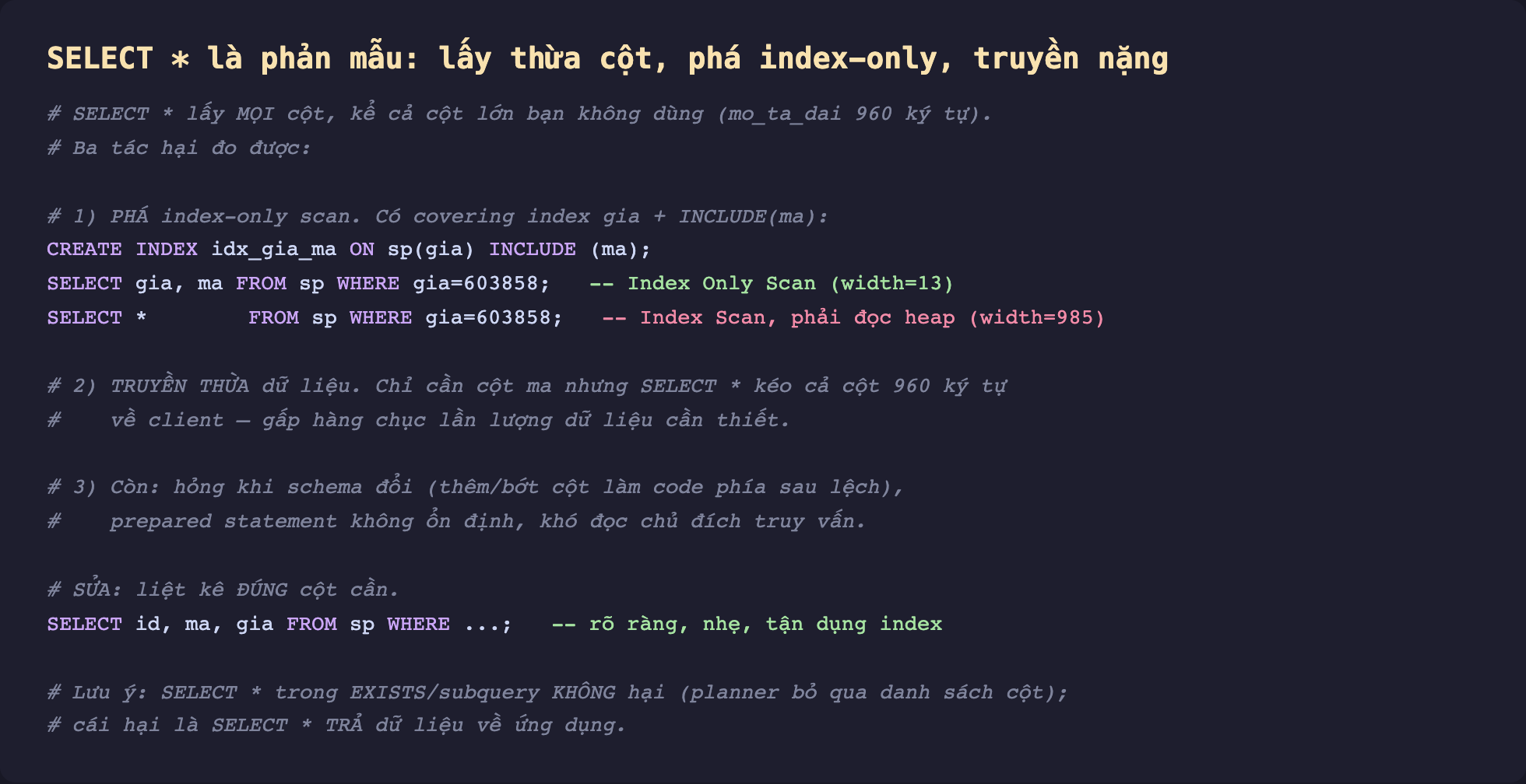 Ảnh chụp đoạn mã SQL nền tối minh hoạ SELECT sao là phản mẫu lấy thừa cột phá index-only truyền nặng, SELECT sao lấy mọi cột kể cả cột lớn bạn không dùng mo_ta_dai 960 ký tự ba tác hại đo được, một phá index-only scan có covering index gia INCLUDE ma SELECT gia ma FROM sp WHERE gia bằng Index Only Scan width 13 SELECT sao FROM sp WHERE gia Index Scan phải đọc heap width 985, hai truyền thừa dữ liệu chỉ cần cột ma nhưng SELECT sao kéo cả cột 960 ký tự về client gấp hàng chục lần lượng dữ liệu cần thiết, ba còn hỏng khi schema đổi thêm bớt cột làm code phía sau lệch prepared statement không ổn định khó đọc chủ đích truy vấn, sửa liệt kê đúng cột cần SELECT id ma gia FROM sp rõ ràng nhẹ tận dụng index, lưu ý SELECT sao trong EXISTS subquery không hại planner bỏ qua danh sách cột cái hại là SELECT sao trả dữ liệu về ứng dụng