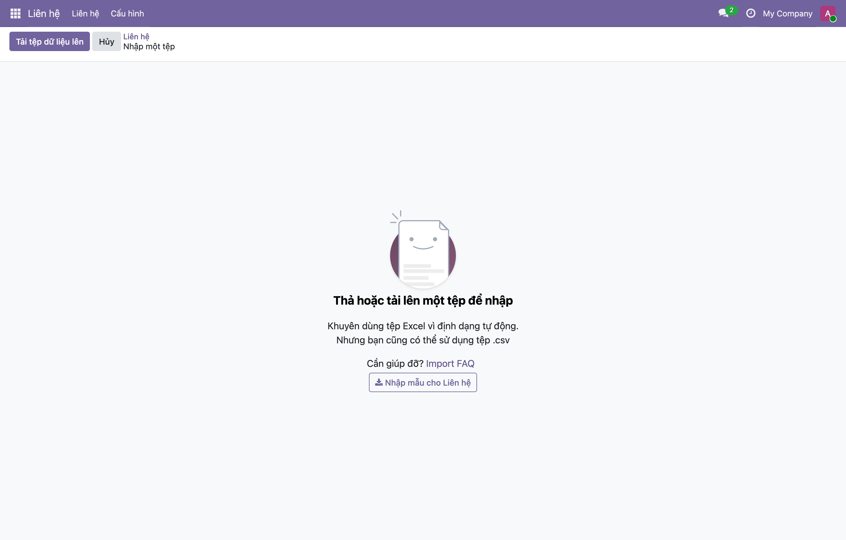 Màn Nhập của Odoo: vùng thả tệp lớn, khuyên dùng Excel, và nút tải file mẫu cho Liên hệ