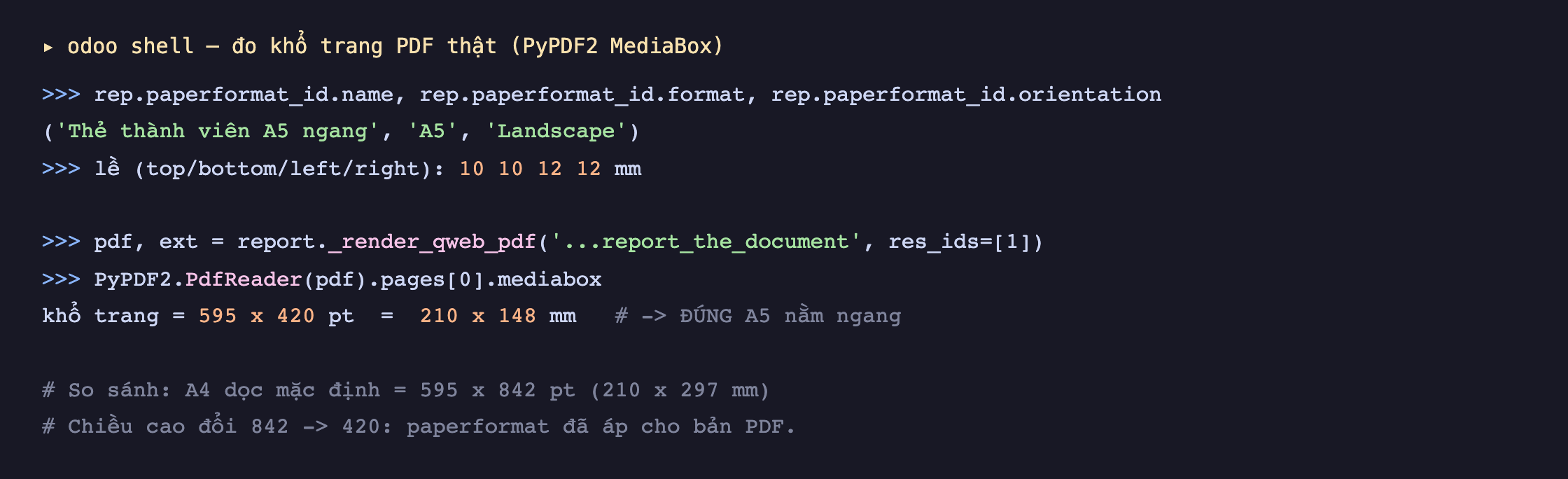 Ảnh chụp phiên odoo shell đo khổ trang PDF: paperformat gán cho report là Thẻ thành viên A5 ngang định dạng A5 hướng Landscape, lề top bottom left right là 10 10 12 12 mm; render PDF rồi đọc mediabox trang đầu cho khổ 595 x 420 pt tương đương 210 x 148 mm đúng A5 nằm ngang; chú thích so sánh A4 dọc mặc định là 595 x 842 pt 210 x 297 mm, chiều cao đổi từ 842 sang 420 nghĩa paperformat đã áp cho bản PDF