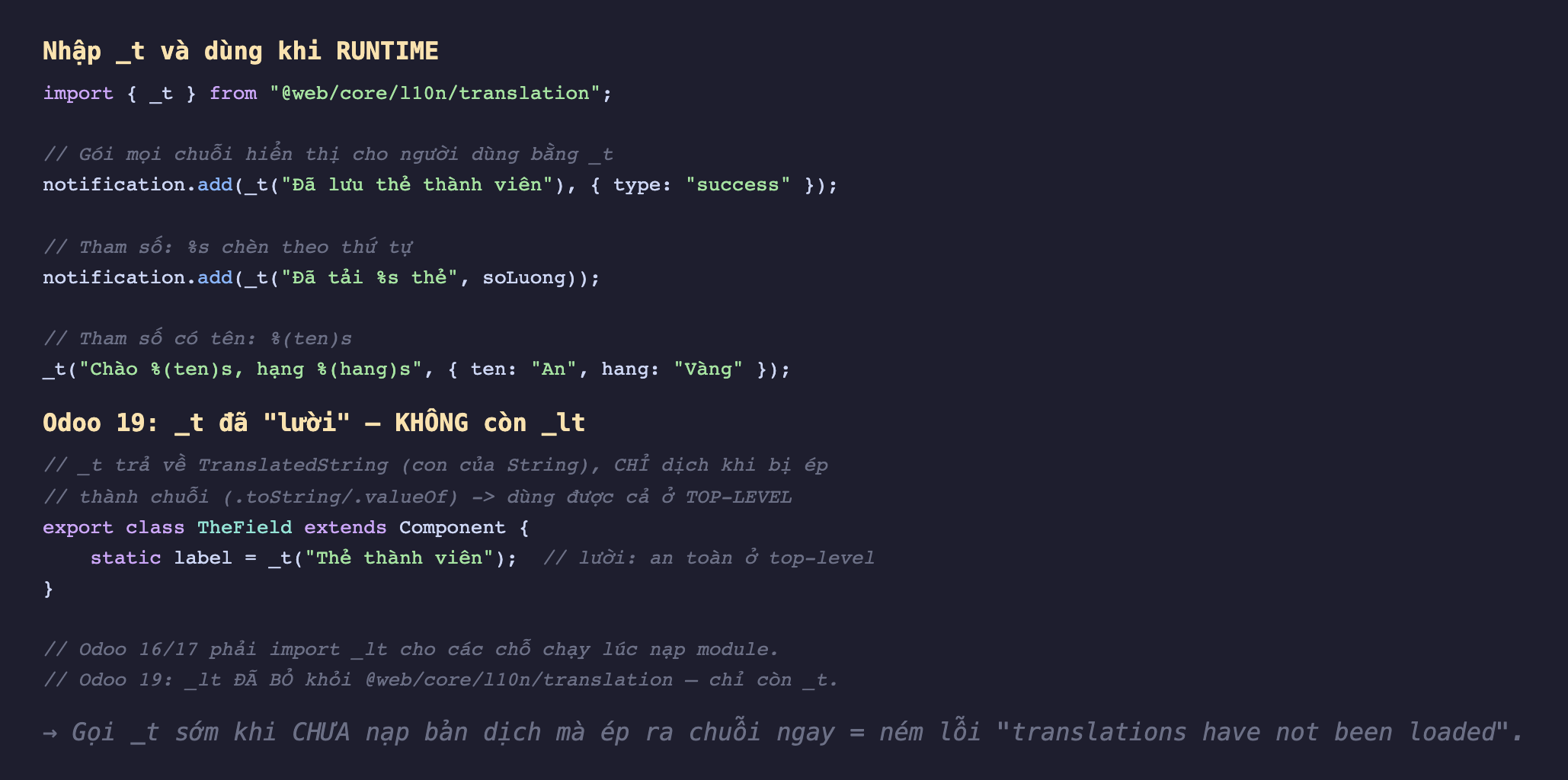 Ảnh chụp đoạn mã JavaScript nền tối. Phần đầu nhập _t từ web core l10n translation rồi gọi notification add với _t bọc chuỗi Đã lưu thẻ thành viên, một lời gọi có tham số phần trăm s chèn số lượng, và một lời gọi dùng tham số có tên phần trăm ten s và phần trăm hang s. Phần sau minh hoạ Odoo 19 _t đã lười trả về TranslatedString con của String chỉ dịch khi bị ép thành chuỗi nên dùng được ở top-level làm nhãn static label, kèm chú thích Odoo 16 17 phải import _lt còn Odoo 19 đã bỏ _lt chỉ còn _t