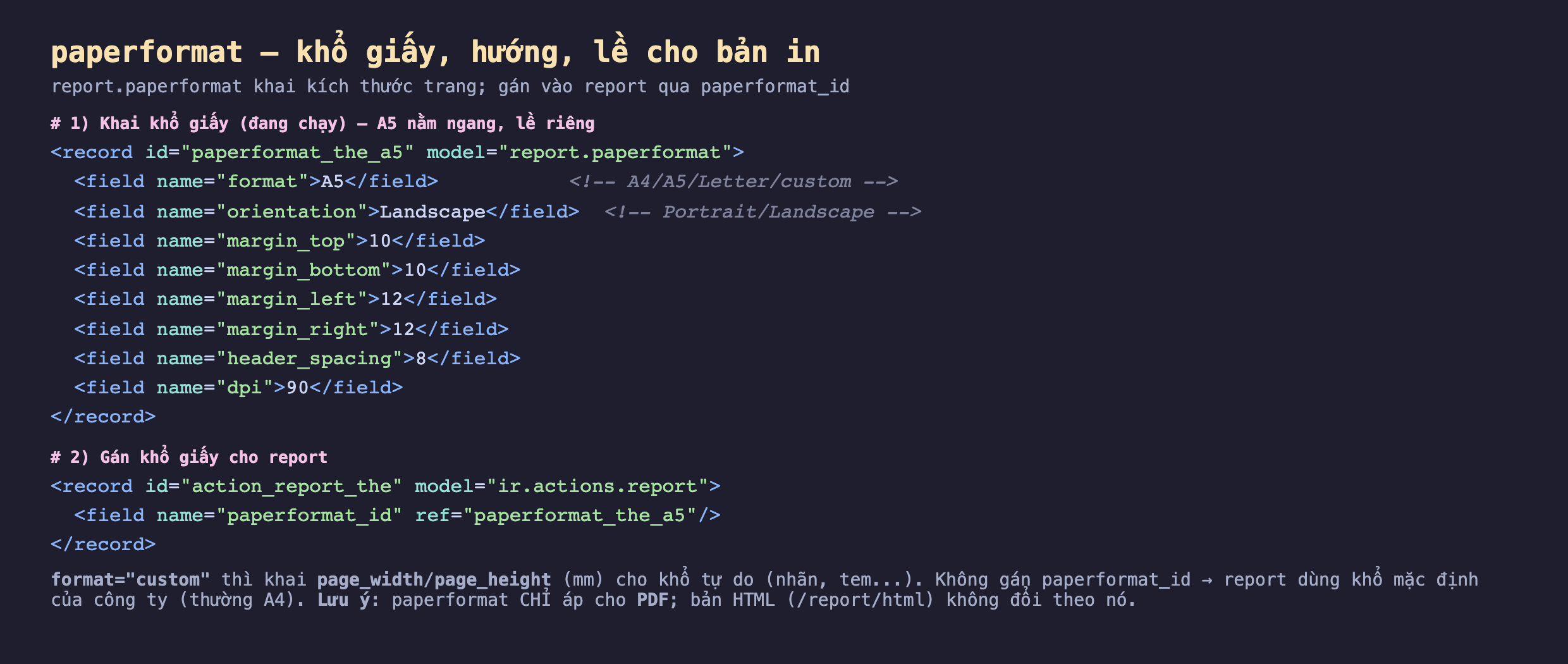 Ảnh chụp đoạn mã nền tối hai phần: phần một record report.paperformat id paperformat_the_a5 với format A5 kèm chú thích A4 A5 Letter custom, orientation Landscape kèm chú thích Portrait Landscape, margin_top bottom left right lần lượt 10 10 12 12, header_spacing 8, dpi 90; phần hai record ir.actions.report action_report_the gán field paperformat_id ref paperformat_the_a5; kèm chú thích format custom thì khai page_width page_height mm cho khổ tự do, không gán paperformat_id thì report dùng khổ mặc định công ty A4, paperformat chỉ áp cho PDF bản HTML không đổi