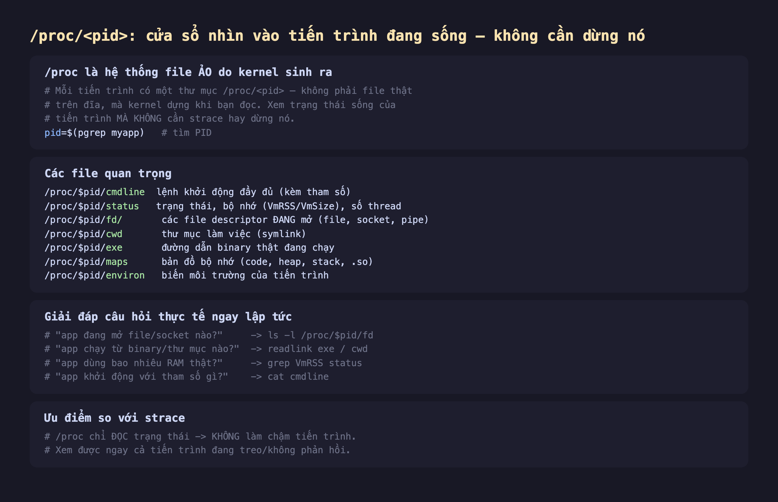 Ảnh chụp đoạn mã nền tối minh hoạ proc pid cửa sổ nhìn vào tiến trình đang sống không cần dừng nó, proc là hệ thống file ảo do kernel sinh ra mỗi tiến trình có một thư mục proc pid không phải file thật trên đĩa mà kernel dựng khi bạn đọc xem trạng thái sống của tiến trình mà không cần strace hay dừng nó pid bằng pgrep myapp tìm PID, các file quan trọng proc pid cmdline lệnh khởi động đầy đủ kèm tham số proc pid status trạng thái bộ nhớ VmRSS VmSize số thread proc pid fd các file descriptor đang mở file socket pipe proc pid cwd thư mục làm việc symlink proc pid exe đường dẫn binary thật đang chạy proc pid maps bản đồ bộ nhớ code heap stack so proc pid environ biến môi trường, giải đáp câu hỏi thực tế ngay app đang mở file socket nào ls -l proc pid fd app chạy từ binary thư mục nào readlink exe cwd app dùng bao nhiêu RAM thật grep VmRSS status app khởi động với tham số gì cat cmdline, ưu điểm so với strace proc chỉ đọc trạng thái không làm chậm tiến trình xem được ngay cả tiến trình đang treo không phản hồi