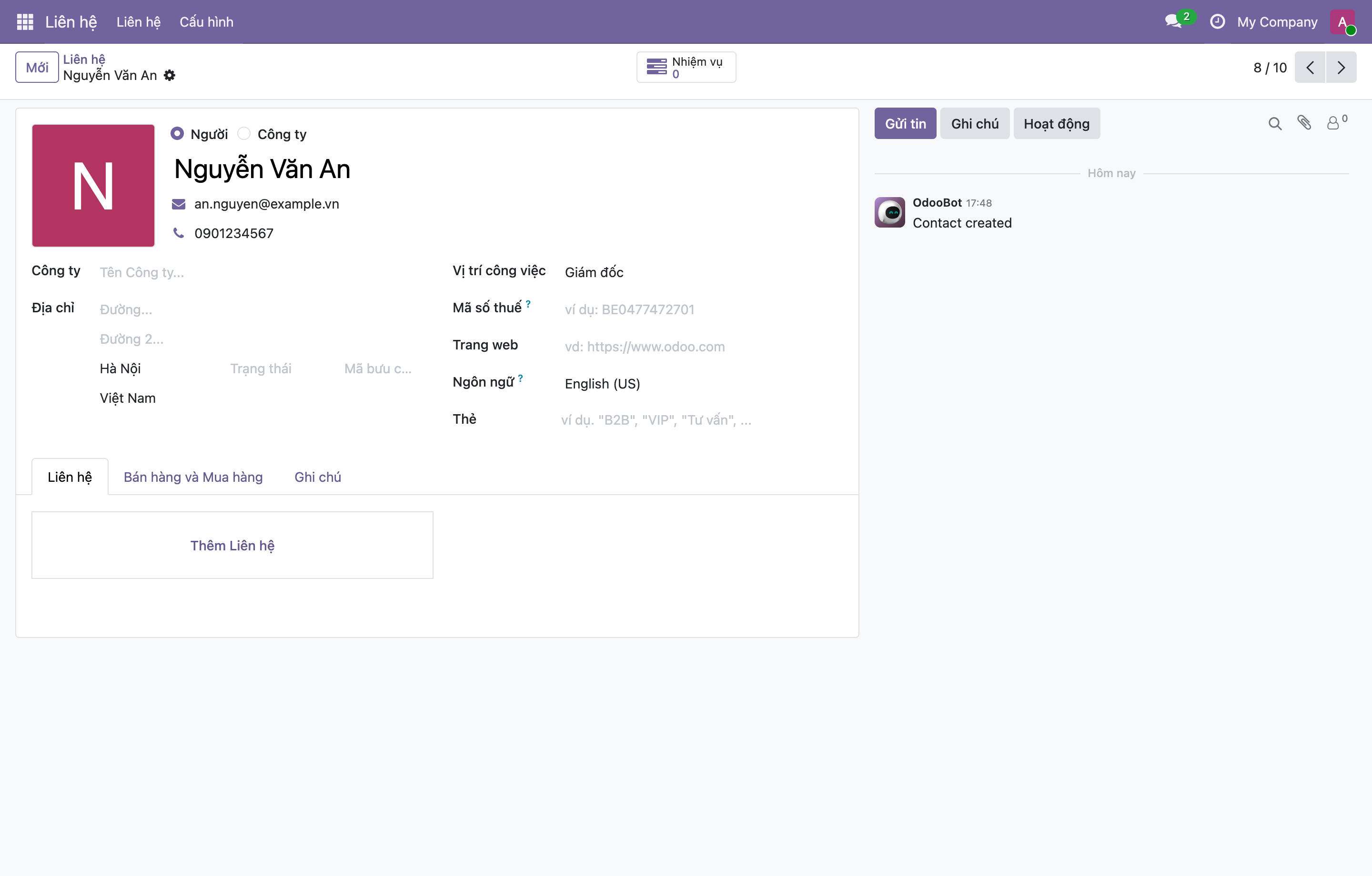 Biểu mẫu liên hệ Nguyễn Văn An trong Odoo với nhiều trường: tên, email, điện thoại, vị trí, ngôn ngữ, thẻ, và các tab