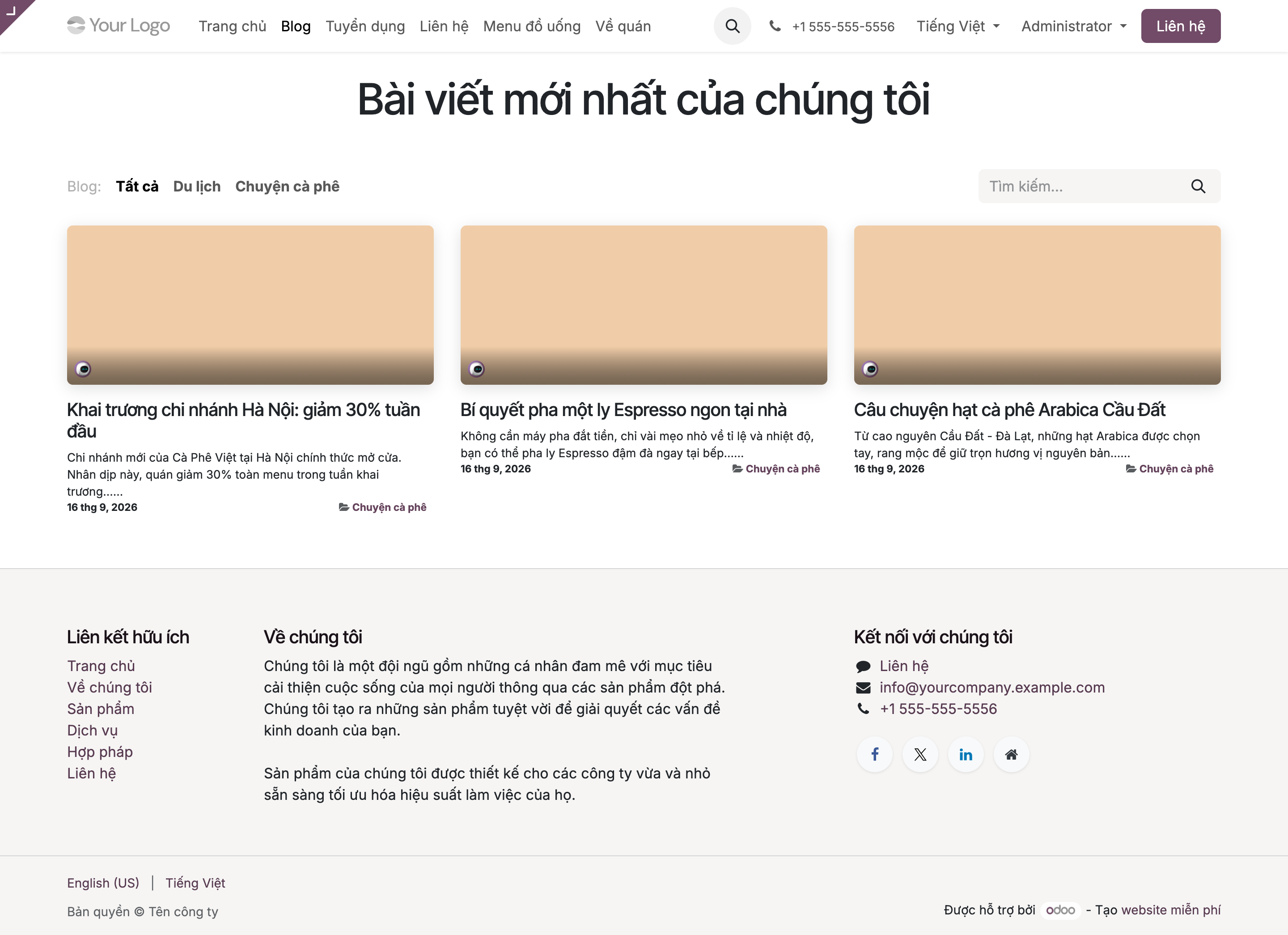 Trang blog công khai của website với tiêu đề Bài viết mới nhất của chúng tôi, thanh lọc blog Tất cả Du lịch Chuyện cà phê, và ba bài dạng thẻ: Khai trương chi nhánh Hà Nội giảm 30% tuần đầu, Bí quyết pha một ly Espresso ngon tại nhà, Câu chuyện hạt cà phê Arabica Cầu Đất, mỗi thẻ có ảnh bìa, đoạn tóm tắt và ngày đăng