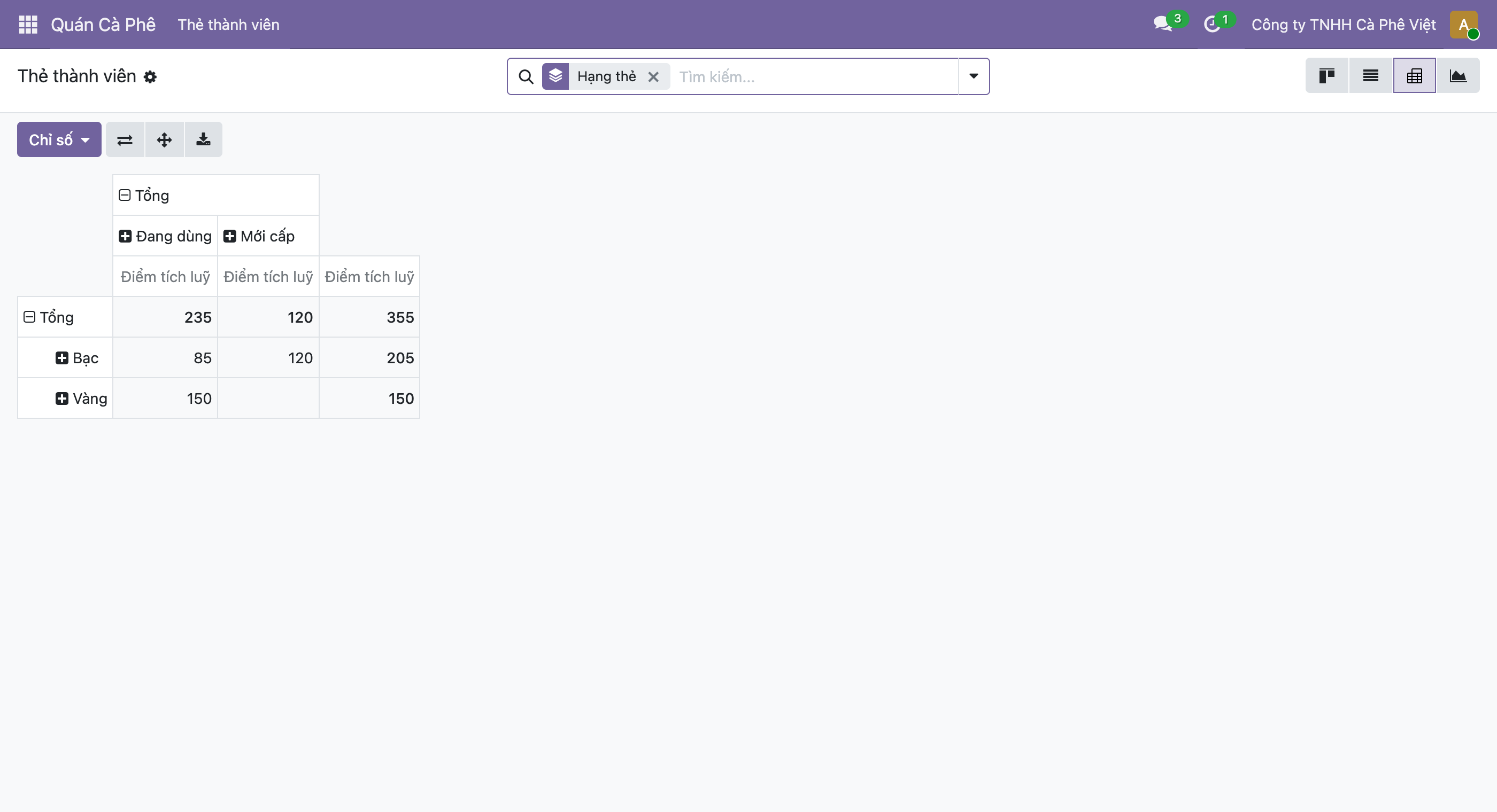 Ảnh chụp giao diện pivot Odoo 19 cho thẻ thành viên, cột chia theo trạng thái Đang dùng và Mới cấp cùng cột Tổng, hàng chia theo hạng thẻ Bạc và Vàng cùng hàng Tổng, thước đo là Điểm tích luỹ, ô Bạc Đang dùng là 85 ô Bạc Mới cấp là 120 tổng hàng Bạc 205, ô Vàng Đang dùng 150 tổng hàng Vàng 150, tổng cột Đang dùng 235 tổng cột Mới cấp 120 và tổng chung toàn bảng 355