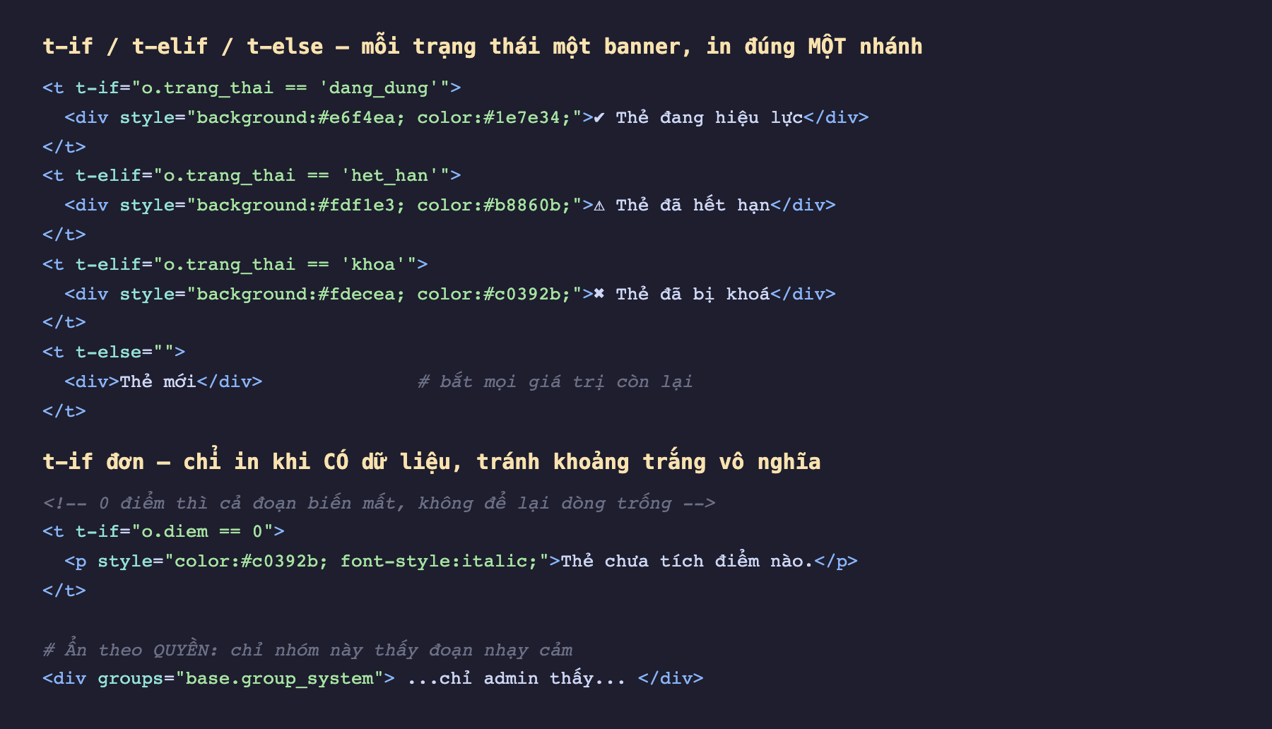 Ảnh chụp đoạn mã QWeb nền tối hai phần, phần trên là chuỗi t-if o trang_thai bằng dang_dung in div nền xanh chữ Thẻ đang hiệu lực, t-elif o trang_thai bằng het_han in div nền cam chữ Thẻ đã hết hạn, t-elif o trang_thai bằng khoa in div nền đỏ chữ Thẻ đã bị khoá, t-else in div chữ Thẻ mới với chú thích bắt mọi giá trị còn lại; phần dưới là t-if đơn o diem bằng 0 in dòng chữ đỏ nghiêng Thẻ chưa tích điểm nào với chú thích 0 điểm thì cả đoạn biến mất không để lại dòng trống, và một dòng div groups base group_system chú thích ẩn theo quyền chỉ admin thấy