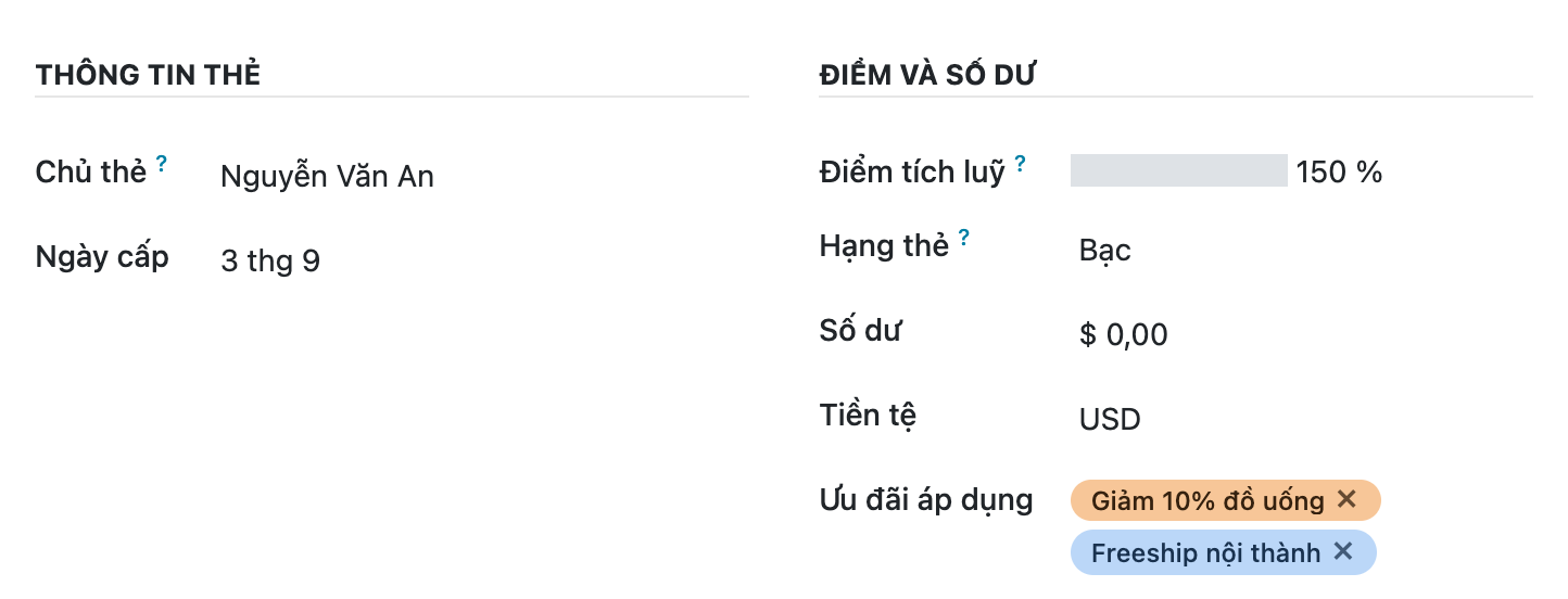 Ảnh chụp giao diện Odoo thật, phần thân form thẻ chia hai cột: cột trái tiêu đề Thông tin thẻ với Chủ thẻ Nguyễn Văn An và Ngày cấp 3 tháng 9; cột phải tiêu đề Điểm và số dư với Điểm tích luỹ 150 phần trăm, Hạng thẻ Bạc, Số dư 0, Tiền tệ USD, Ưu đãi áp dụng hai nhãn màu