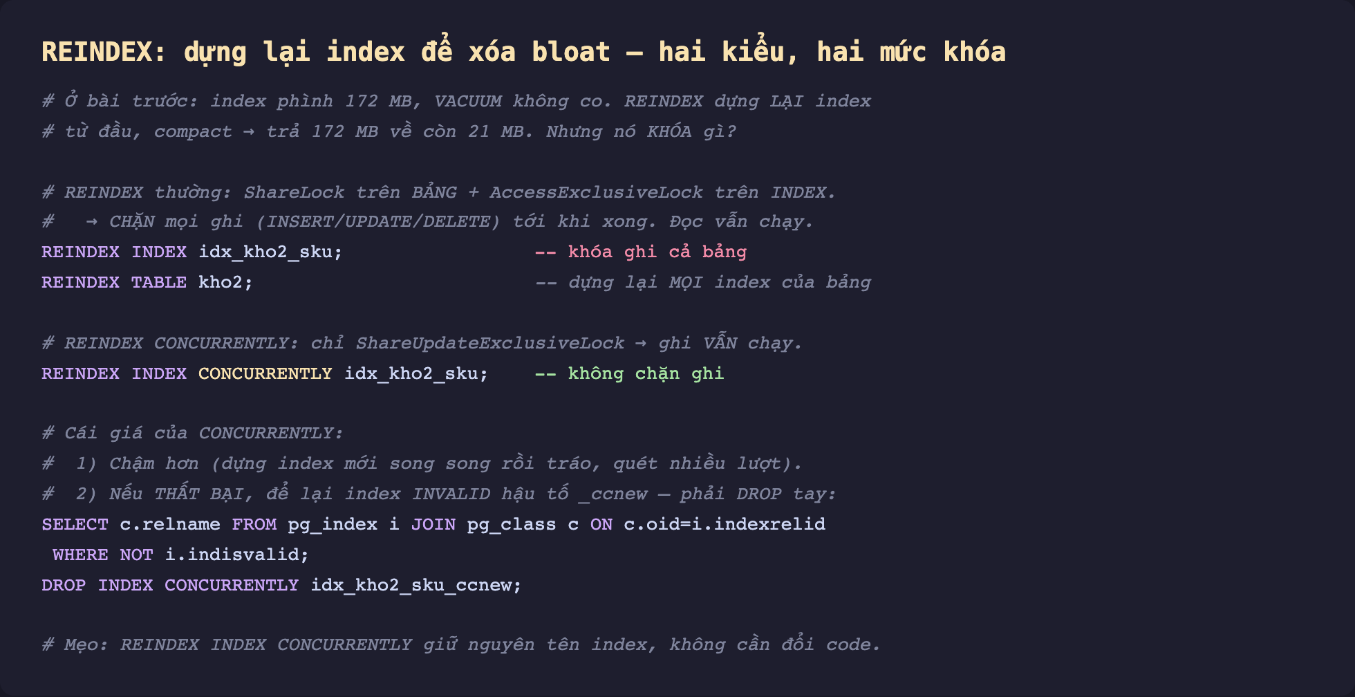 Ảnh chụp đoạn mã SQL nền tối minh hoạ REINDEX dựng lại index để xóa bloat hai kiểu hai mức khóa, nhắc bài trước index phình 172 MB VACUUM không co REINDEX dựng lại index từ đầu compact trả 172 MB về còn 21 MB nhưng nó khóa gì, REINDEX thường lấy ShareLock trên bảng cộng AccessExclusiveLock trên index chặn mọi ghi tới khi xong đọc vẫn chạy, REINDEX INDEX và REINDEX TABLE dựng lại mọi index của bảng, REINDEX CONCURRENTLY chỉ ShareUpdateExclusiveLock ghi vẫn chạy, cái giá là chậm hơn và nếu thất bại để lại index INVALID hậu tố ccnew phải DROP tay tìm qua pg_index where not indisvalid, mẹo REINDEX INDEX CONCURRENTLY giữ nguyên tên index không cần đổi code
