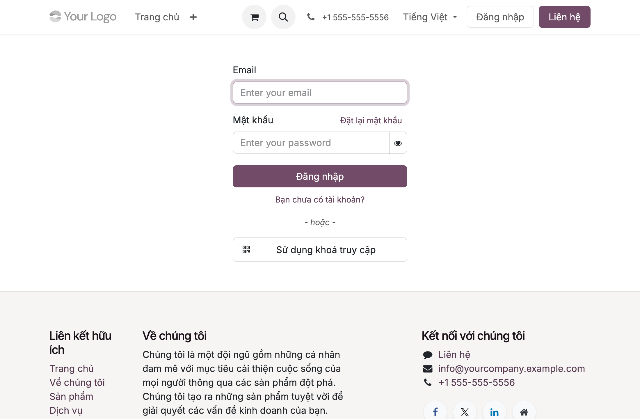 Ảnh chụp thật trang đăng nhập website Odoo 19 giao diện tiếng Việt: thanh trên cùng có logo Your Logo, menu Trang chủ, biểu tượng giỏ hàng và tìm kiếm, số điện thoại, nút chọn ngôn ngữ Tiếng Việt, nút Đăng nhập và Liên hệ; giữa trang là biểu mẫu đăng nhập với ô Email nhập email, ô Mật khẩu nhập mật khẩu kèm link Đặt lại mật khẩu, nút Đăng nhập màu tím, dòng Bạn chưa có tài khoản, và nút Sử dụng khoá truy cập; chân trang có ba cột Liên kết hữu ích, Về chúng tôi với đoạn giới thiệu, và Kết nối với chúng tôi kèm email và số điện thoại cùng các biểu tượng mạng xã hội