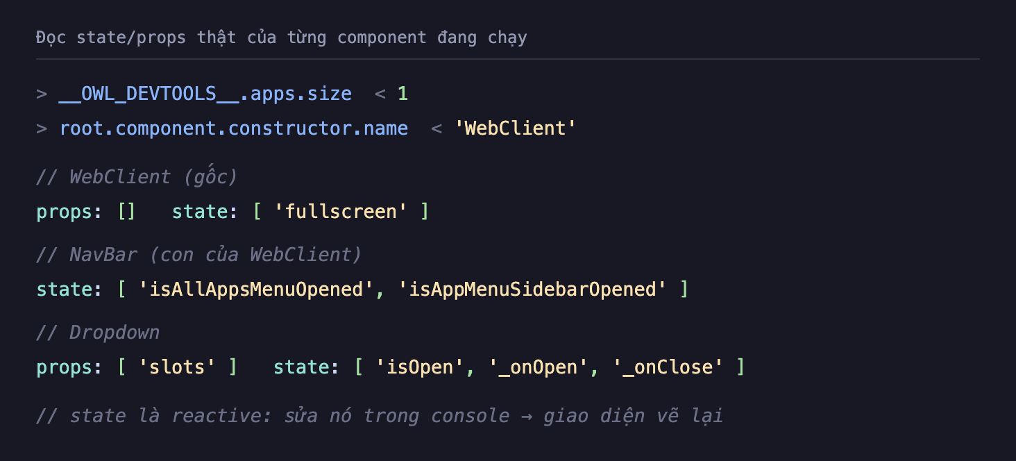 Ảnh chụp console nền tối đọc state và props thật của các component đang chạy trên Odoo 19. Dòng đầu OWL_DEVTOOLS apps size trả về 1, root component constructor name trả về WebClient. Tiếp theo WebClient gốc có props rỗng và state gồm fullscreen. NavBar con của WebClient có state gồm isAllAppsMenuOpened và isAppMenuSidebarOpened. Dropdown có props gồm slots và state gồm isOpen, gạch dưới onOpen, gạch dưới onClose. Cuối cùng chú thích state là reactive, sửa nó trong console thì giao diện vẽ lại