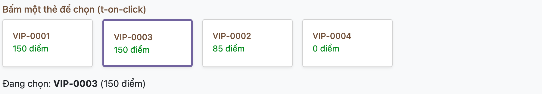 Ảnh chụp cùng giao diện sau khi bấm thẻ VIP-0003, thẻ VIP-0003 có viền tím dày nổi bật còn ba thẻ kia bình thường, dưới cùng dòng chữ Đang chọn VIP-0003 in đậm 150 điểm
