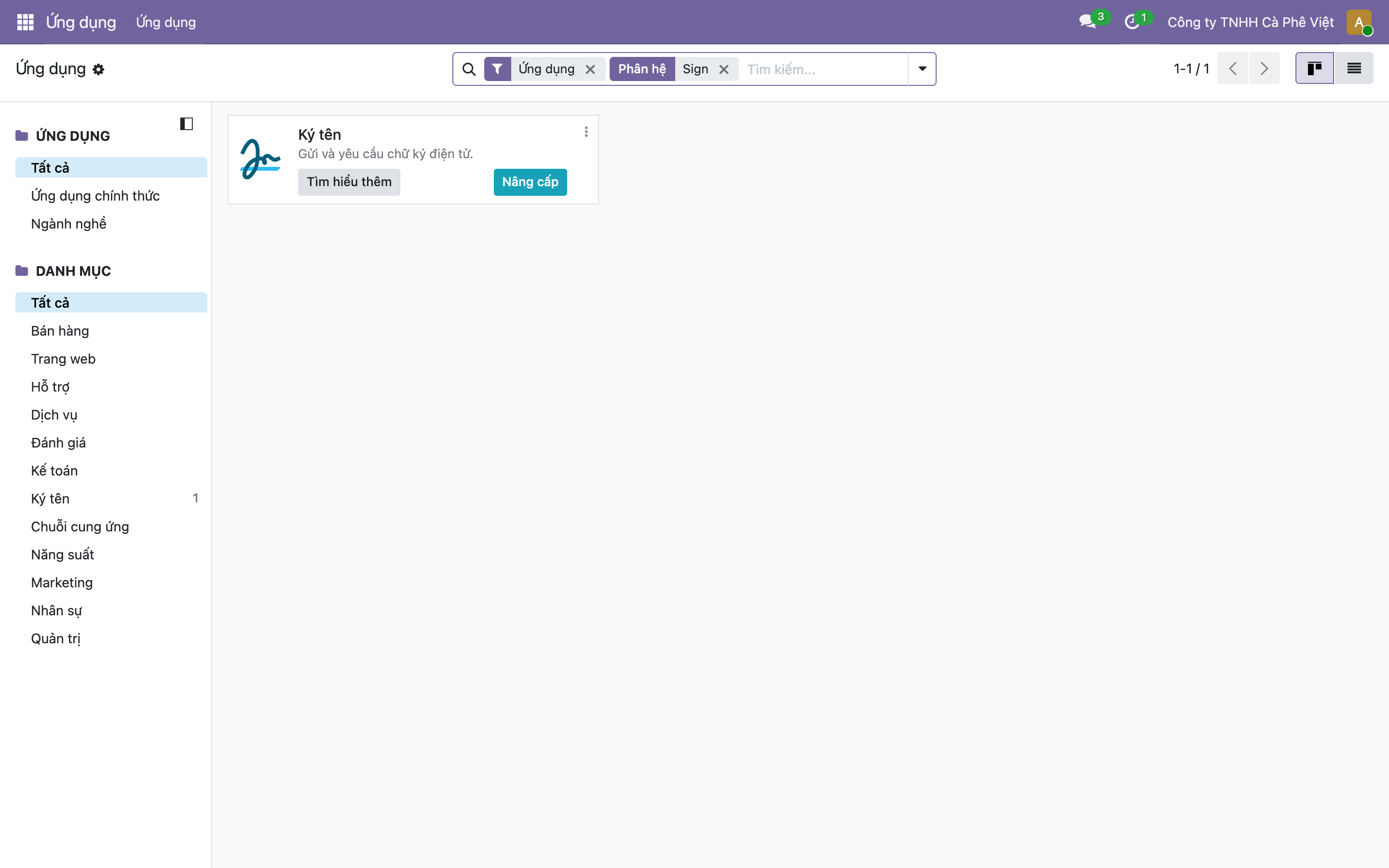 Màn hình Ứng dụng của Odoo lọc theo Sign, hiện ô ứng dụng Ký tên - Gửi và yêu cầu chữ ký điện tử, với nút Tìm hiểu thêm và nút Nâng cấp màu xanh