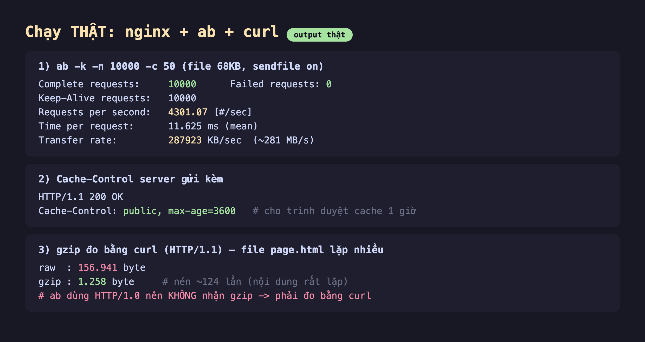 Ảnh chụp bảng kết quả đo thật nền tối chạy nginx cộng ab cộng curl, phần một ab -k -n 10000 -c 50 file 68KB sendfile on Complete requests 10000 Failed requests 0 Keep-Alive requests 10000 Requests per second 4301.07 mỗi giây Time per request 11.625 ms mean Transfer rate 287923 KB mỗi giây khoảng 281 MB mỗi giây, phần hai Cache-Control server gửi kèm HTTP/1.1 200 OK Cache-Control public max-age 3600 cho trình duyệt cache 1 giờ, phần ba gzip đo bằng curl HTTP/1.1 file page.html lặp nhiều raw 156.941 byte gzip 1.258 byte nén khoảng 124 lần nội dung rất lặp ab dùng HTTP/1.0 nên không nhận gzip phải đo bằng curl