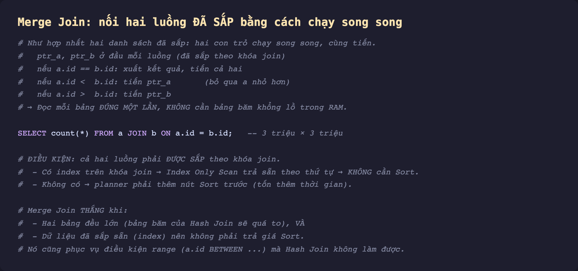 Ảnh chụp đoạn mã SQL nền tối minh hoạ Merge Join nối hai luồng đã sắp bằng cách chạy song song, như hợp nhất hai danh sách đã sắp hai con trỏ chạy song song cùng tiến, ptr_a ptr_b ở đầu mỗi luồng đã sắp theo khóa join, nếu a.id bằng b.id xuất kết quả tiến cả hai, nếu a.id nhỏ hơn b.id tiến ptr_a bỏ qua a nhỏ hơn, nếu a.id lớn hơn tiến ptr_b, đọc mỗi bảng đúng một lần không cần bảng băm khổng lồ trong RAM, điều kiện cả hai luồng phải được sắp theo khóa join có index thì Index Only Scan trả sẵn theo thứ tự không cần Sort không có thì planner phải thêm nút Sort trước tốn thêm thời gian, Merge Join thắng khi hai bảng đều lớn bảng băm của Hash Join sẽ quá to và dữ liệu đã sắp sẵn qua index nên không phải trả giá Sort cũng phục vụ điều kiện range mà Hash Join không làm được
