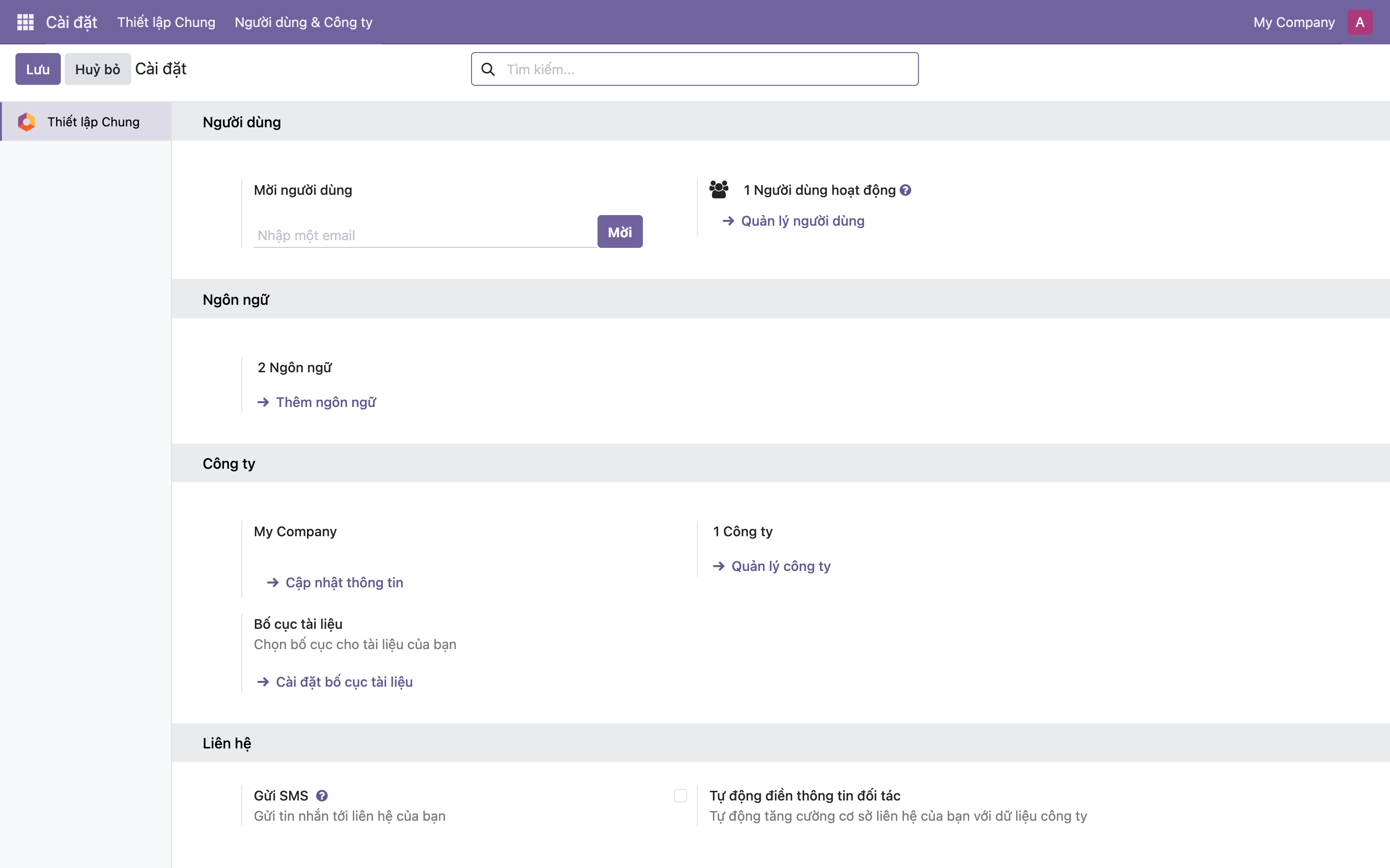 Màn hình Cài đặt chung của Odoo, các mục Người dùng, Ngôn ngữ, Công ty, Liên hệ