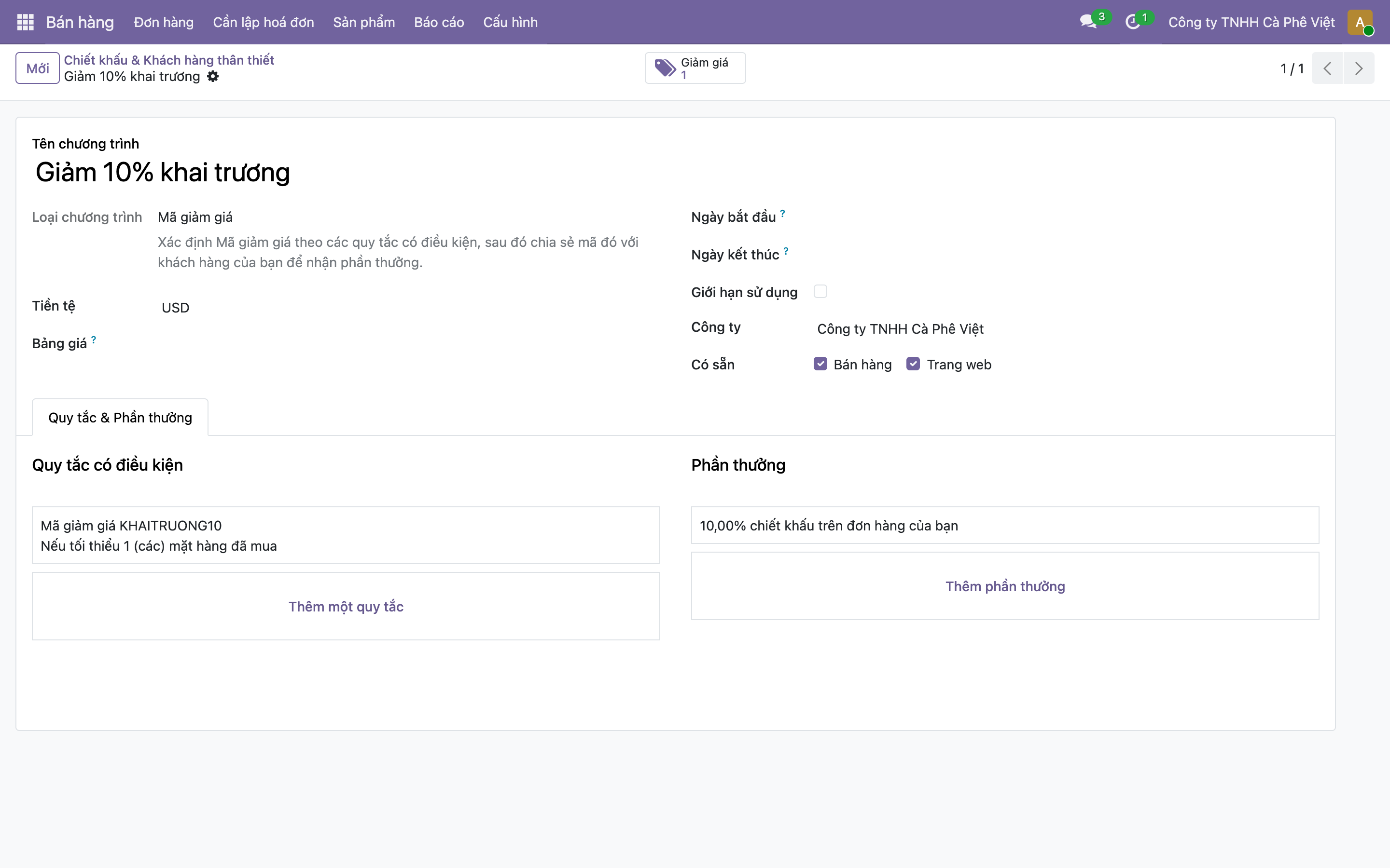 Form chương trình khuyến mãi Giảm 10% khai trương trong Odoo, Loại chương trình Mã giảm giá, Có sẵn cho Bán hàng và Trang web; tab Quy tắc và Phần thưởng với Quy tắc có điều kiện ghi Mã giảm giá KHAITRUONG10 nếu tối thiểu 1 mặt hàng, Phần thưởng ghi 10 phần trăm chiết khấu trên đơn hàng