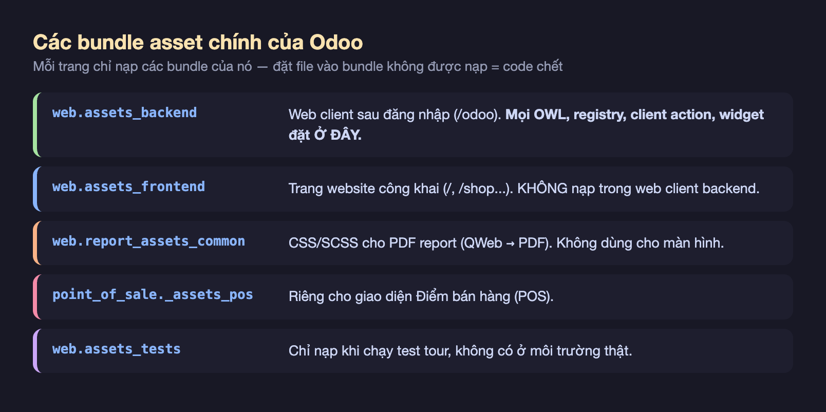 Sơ đồ nền tối liệt kê các bundle asset chính của Odoo, mỗi dòng một khối màu, web.assets_backend là web client sau đăng nhập nơi đặt mọi OWL registry client action widget, web.assets_frontend là trang website công khai không nạp trong web client backend, web.report_assets_common là CSS SCSS cho PDF report không dùng cho màn hình, point_of_sale gạch dưới assets_pos riêng cho giao diện điểm bán hàng POS, web.assets_tests chỉ nạp khi chạy test tour không có ở môi trường thật