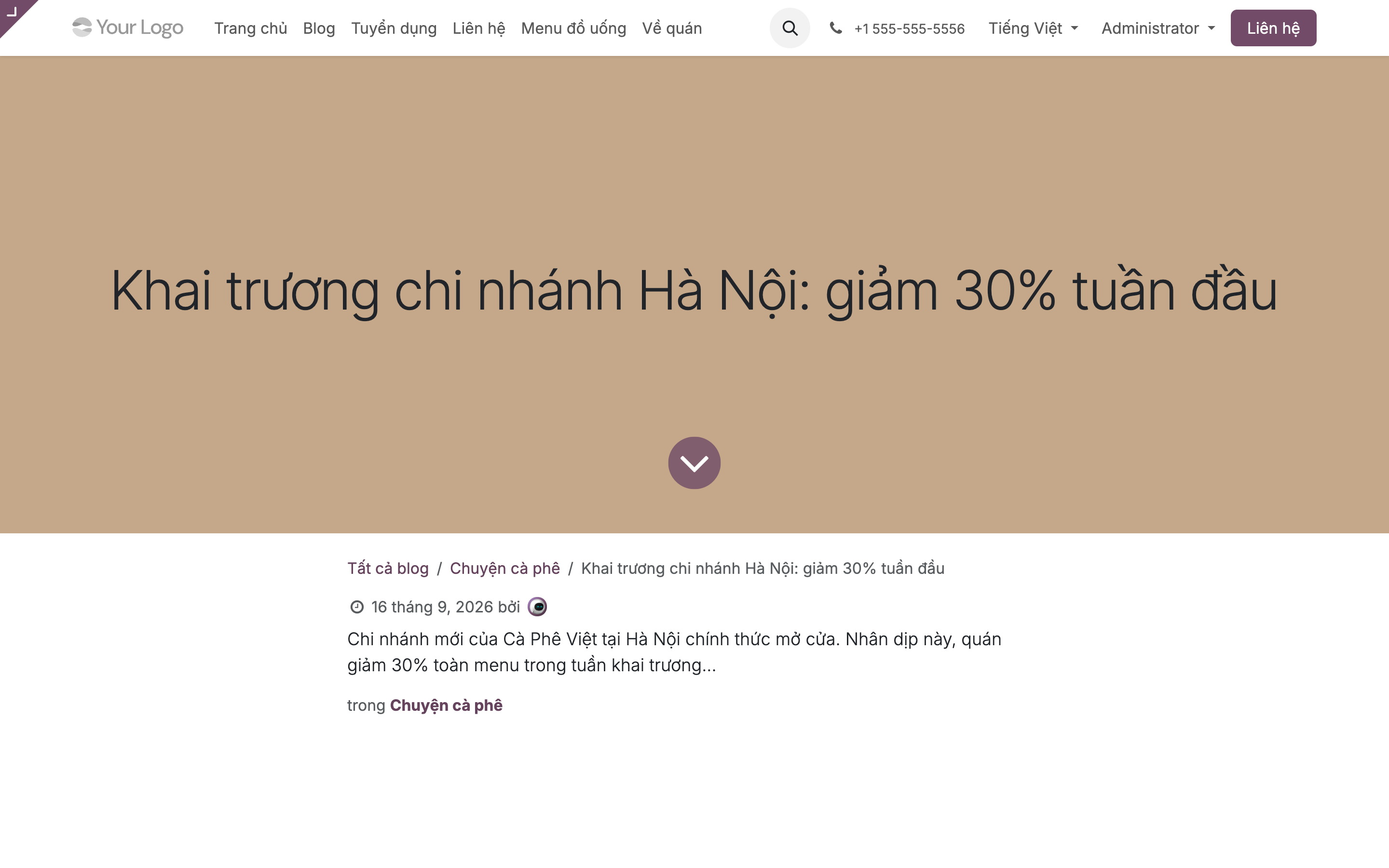 Trang chi tiết bài blog Khai trương chi nhánh Hà Nội giảm 30% tuần đầu với ảnh bìa lớn có tiêu đề, breadcrumb Tất cả blog Chuyện cà phê, ngày 16 tháng 9 2026 và tác giả, phần nội dung bài viết