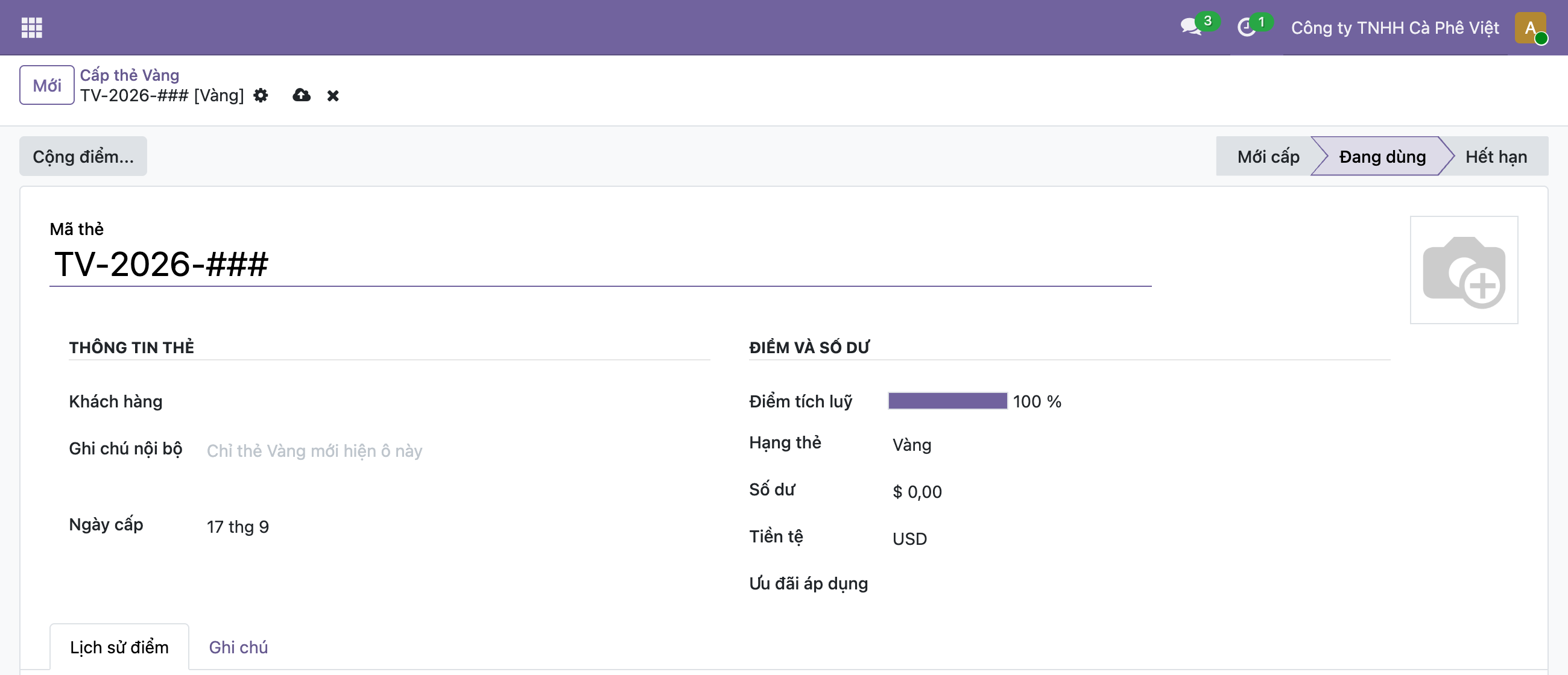 Ảnh chụp form Odoo tạo mới thẻ qua action Cấp thẻ Vàng, breadcrumb ghi TV-2026-### Vàng, dải statusbar Mới cấp Đang dùng Hết hạn với Đang dùng đang sáng, thân form Mã thẻ TV-2026-###, cột Điểm và số dư hiển thị Điểm tích luỹ thanh tiến độ 100 phần trăm và Hạng thẻ Vàng, cột Thông tin thẻ Khách hàng trống Ghi chú nội bộ hiện vì thẻ Vàng và Ngày cấp 17 tháng 9, tất cả điền sẵn mà người dùng chưa gõ gì