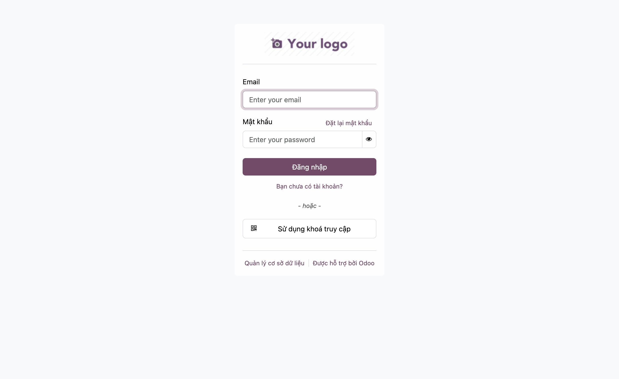 Màn hình đăng nhập Odoo 19 tiếng Việt với ô Email, Mật khẩu, nút Đăng nhập, và các link phụ