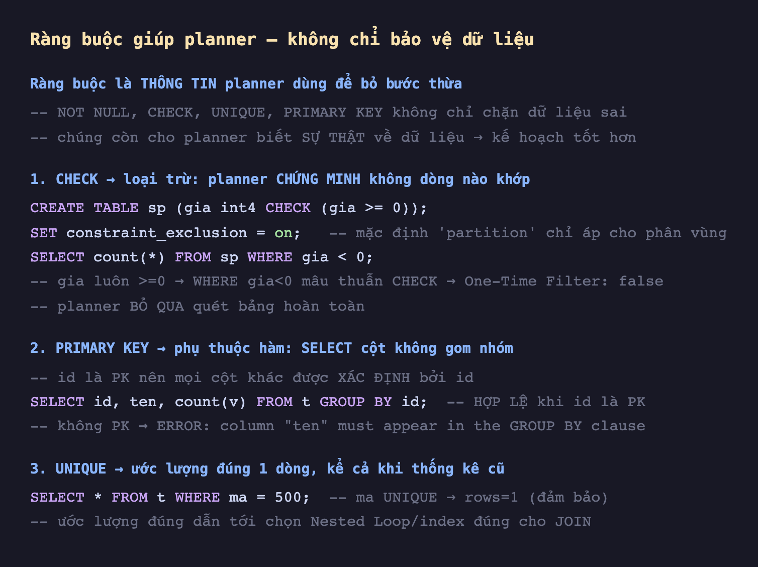 Ảnh chụp đoạn mã SQL nền tối minh hoạ ràng buộc giúp planner không chỉ bảo vệ dữ liệu, ràng buộc là thông tin planner dùng để bỏ bước thừa NOT NULL CHECK UNIQUE PRIMARY KEY không chỉ chặn dữ liệu sai chúng còn cho planner biết sự thật về dữ liệu kế hoạch tốt hơn, 1 CHECK loại trừ planner chứng minh không dòng nào khớp CREATE TABLE sp gia int4 CHECK gia lớn hơn bằng 0 SET constraint_exclusion on mặc định partition chỉ áp cho phân vùng SELECT count từ sp WHERE gia nhỏ hơn 0 gia luôn lớn hơn bằng 0 nên WHERE gia nhỏ hơn 0 mâu thuẫn CHECK One-Time Filter false planner bỏ qua quét bảng hoàn toàn, 2 PRIMARY KEY phụ thuộc hàm SELECT cột không gom nhóm id là PK nên mọi cột khác được xác định bởi id SELECT id ten count v FROM t GROUP BY id hợp lệ khi id là PK không PK ERROR column ten must appear in the GROUP BY clause, 3 UNIQUE ước lượng đúng 1 dòng kể cả khi thống kê cũ SELECT sao FROM t WHERE ma bằng 500 ma UNIQUE rows 1 đảm bảo ước lượng đúng dẫn tới chọn Nested Loop index đúng cho JOIN