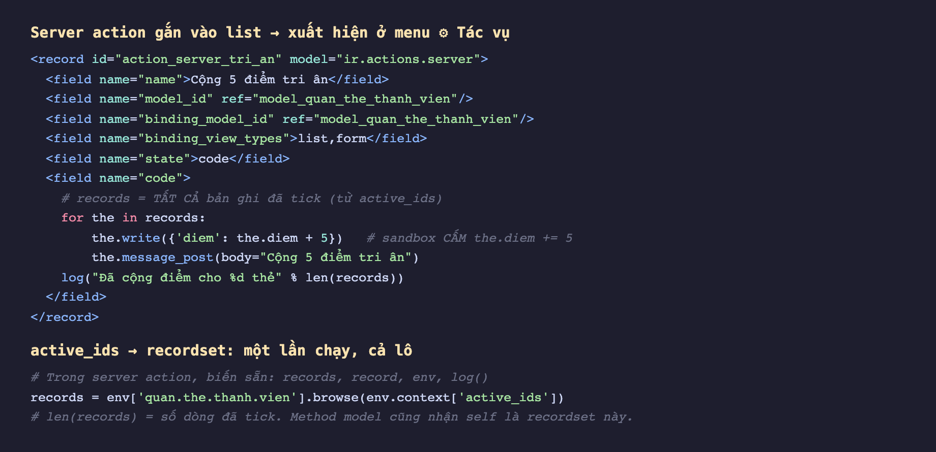 Ảnh chụp đoạn mã nền tối khai record ir.actions.server id action_server_tri_an tên Cộng 5 điểm tri ân, model_id trỏ model_quan_the_thanh_vien, binding_model_id cũng trỏ model đó, binding_view_types là list phẩy form, state là code, và field code chứa vòng lặp for the in records gọi the write đặt diem bằng diem cộng 5 kèm chú thích records là tất cả bản ghi đã tick từ active_ids và chú thích sandbox cấm the diem cộng gộp, rồi the message_post và log số thẻ; phần dưới chú thích trong server action có sẵn biến records record env log và records bằng env model browse của active_ids còn method model nhận self là recordset này
