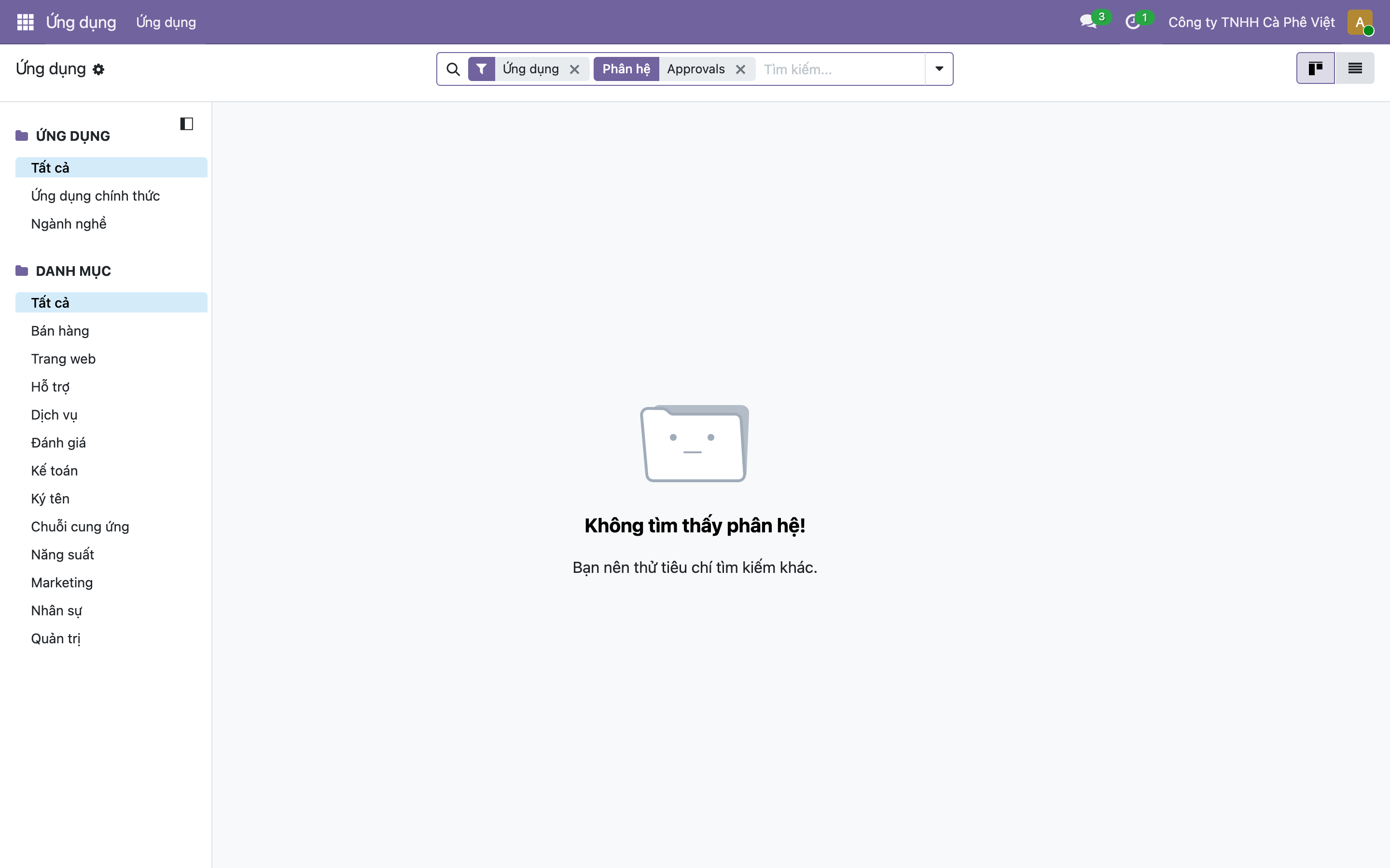 Màn hình Ứng dụng của Odoo lọc theo Approvals, hiện thông báo Không tìm thấy phân hệ, Bạn nên thử tiêu chí tìm kiếm khác