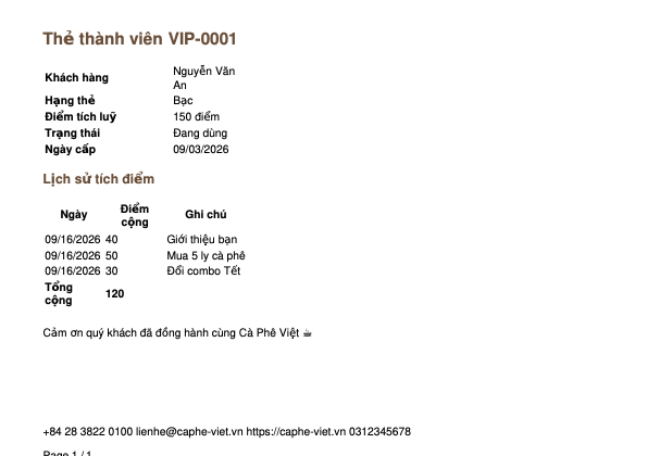 Ảnh chụp trang PDF khổ A5 ngang của thẻ thành viên VIP-0001 khi chưa kế thừa, gồm tiêu đề Thẻ thành viên VIP-0001, bảng thông tin khách hàng hạng thẻ điểm trạng thái ngày cấp, bảng lịch sử tích điểm ba dòng và tổng cộng, dòng cảm ơn quý khách ở cuối
