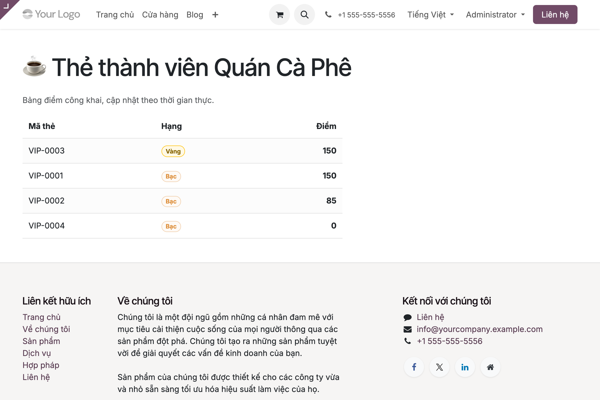 Ảnh chụp thật trang web công khai the-cua-quan trên Odoo 19, phía trên là thanh điều hướng website với logo và các menu Trang chủ Cửa hàng Blog, giỏ hàng, tìm kiếm, số điện thoại, chọn ngôn ngữ Tiếng Việt; nội dung chính là tiêu đề cốc cà phê Thẻ thành viên Quán Cà Phê, dòng mô tả Bảng điểm công khai cập nhật theo thời gian thực, và một bảng sọc liệt kê bốn thẻ VIP-0003 hạng Vàng 150 điểm, VIP-0001 hạng Bạc 150 điểm, VIP-0002 hạng Bạc 85 điểm, VIP-0004 hạng Bạc 0 điểm; phía dưới là chân trang website với các liên kết hữu ích, giới thiệu công ty và biểu tượng mạng xã hội