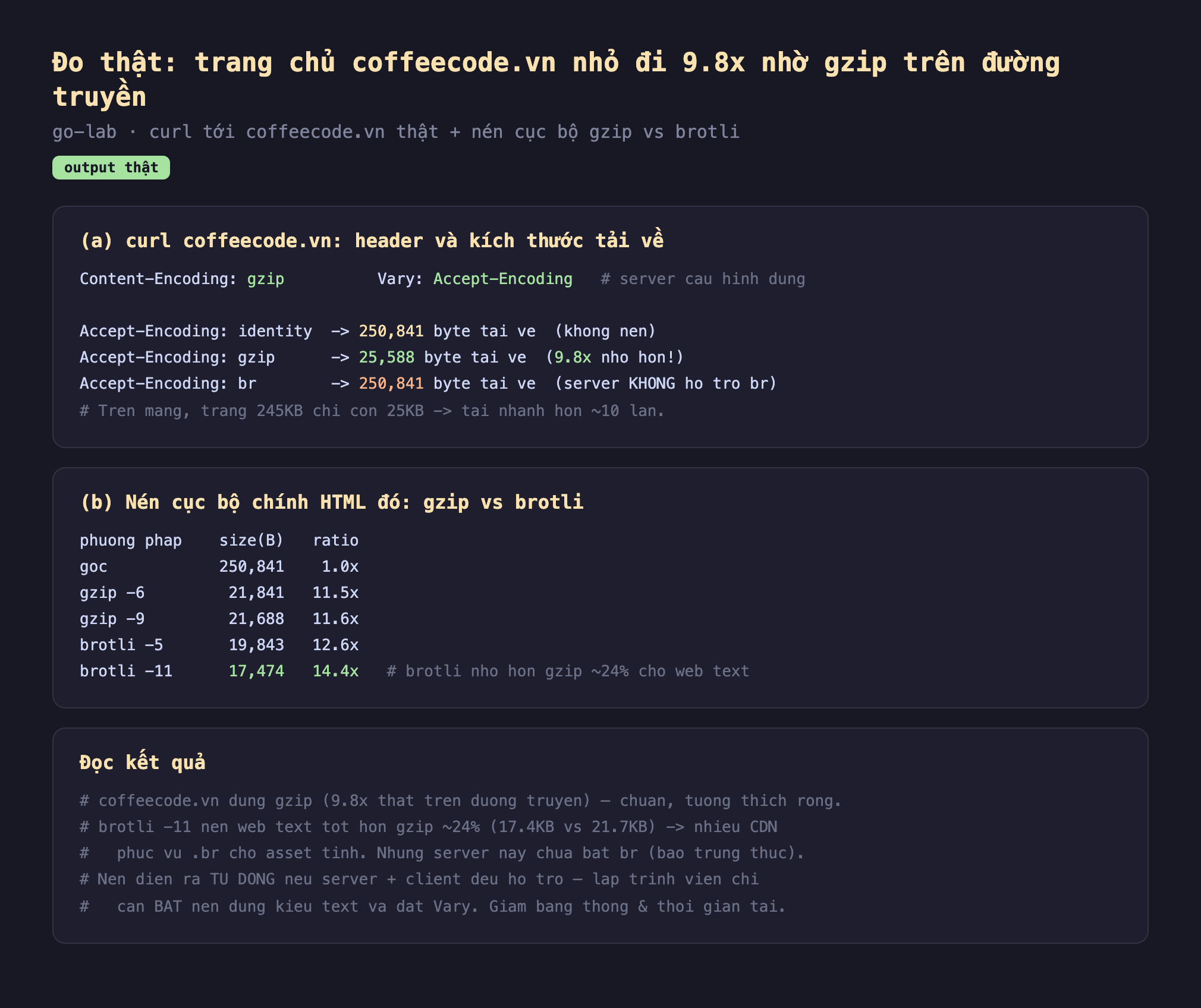 Ảnh chụp bảng kết quả chạy thật nén HTTP output thật go-lab curl tới coffeecode.vn thật cộng nén cục bộ gzip vs brotli, a curl coffeecode.vn header và kích thước tải về Content-Encoding gzip Vary Accept-Encoding server cấu hình đúng Accept-Encoding identity 250841 byte tải về không nén Accept-Encoding gzip 25588 byte tải về 9.8x nhỏ hơn Accept-Encoding br 250841 byte tải về server không hỗ trợ br trên mạng trang 245KB chỉ còn 25KB tải nhanh hơn khoảng 10 lần, b nén cục bộ chính HTML đó gzip vs brotli phương pháp size B ratio gốc 250841 1.0x gzip -6 21841 11.5x gzip -9 21688 11.6x brotli -5 19843 12.6x brotli -11 17474 14.4x brotli nhỏ hơn gzip khoảng 24 phần trăm cho web text, đọc kết quả coffeecode.vn dùng gzip 9.8x thật trên đường truyền chuẩn tương thích rộng brotli -11 nén web text tốt hơn gzip khoảng 24 phần trăm 17.4KB vs 21.7KB nhiều CDN phục vụ br cho asset tĩnh nhưng server này chưa bật br báo trung thực nén diễn ra tự động nếu server cộng client đều hỗ trợ lập trình viên chỉ cần bật nén đúng kiểu text và đặt Vary giảm băng thông và thời gian tải