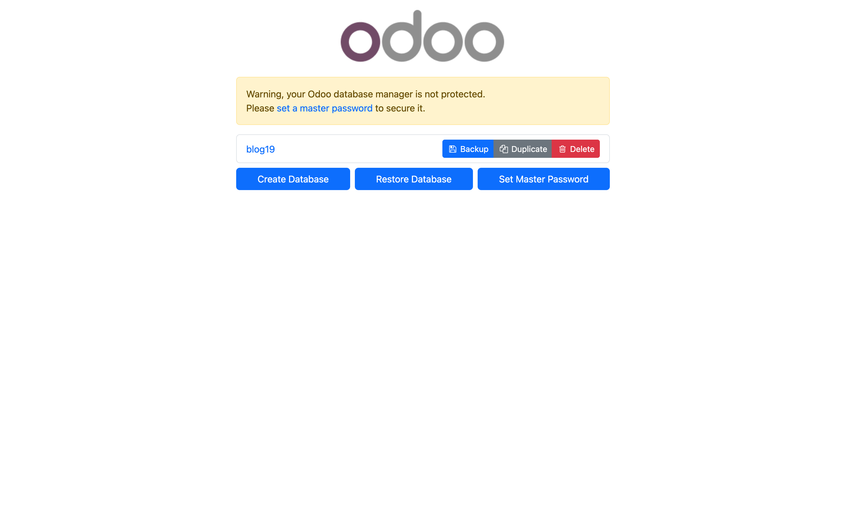 Trình quản lý database của Odoo tự cài: database blog19 với nút Backup, Duplicate, Delete