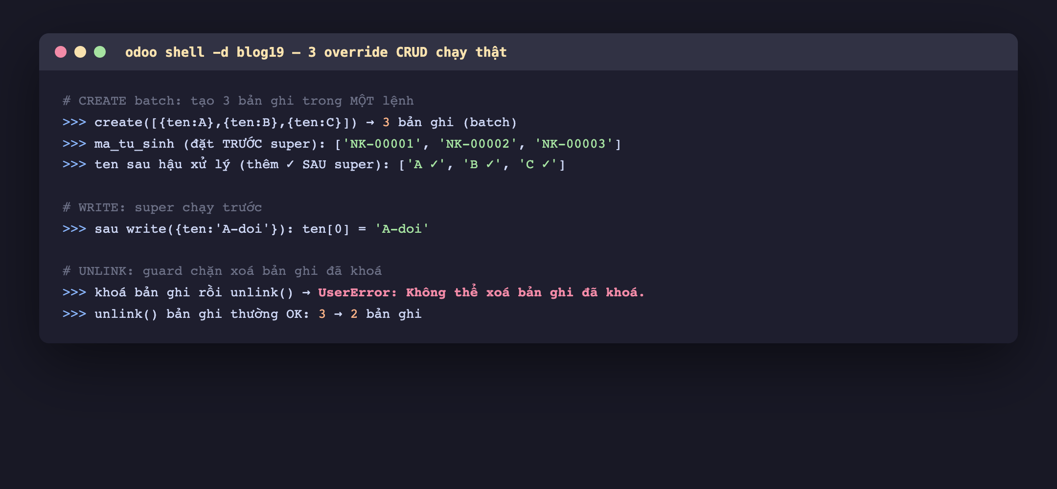 Ảnh chụp phiên odoo shell blog19 chạy ba override CRUD, create một danh sách ba vals ten A B C trả về 3 bản ghi theo lô, ma_tu_sinh đặt trước super ra NK-00001 NK-00002 NK-00003, ten sau hậu xử lý thêm dấu tick thành A tick B tick C tick, sau write đặt ten A-doi thì ten phần tử 0 là A-doi, khoá một bản ghi rồi gọi unlink thì ném UserError không thể xoá bản ghi đã khoá, unlink bản ghi thường thành công làm số bản ghi giảm từ 3 xuống 2