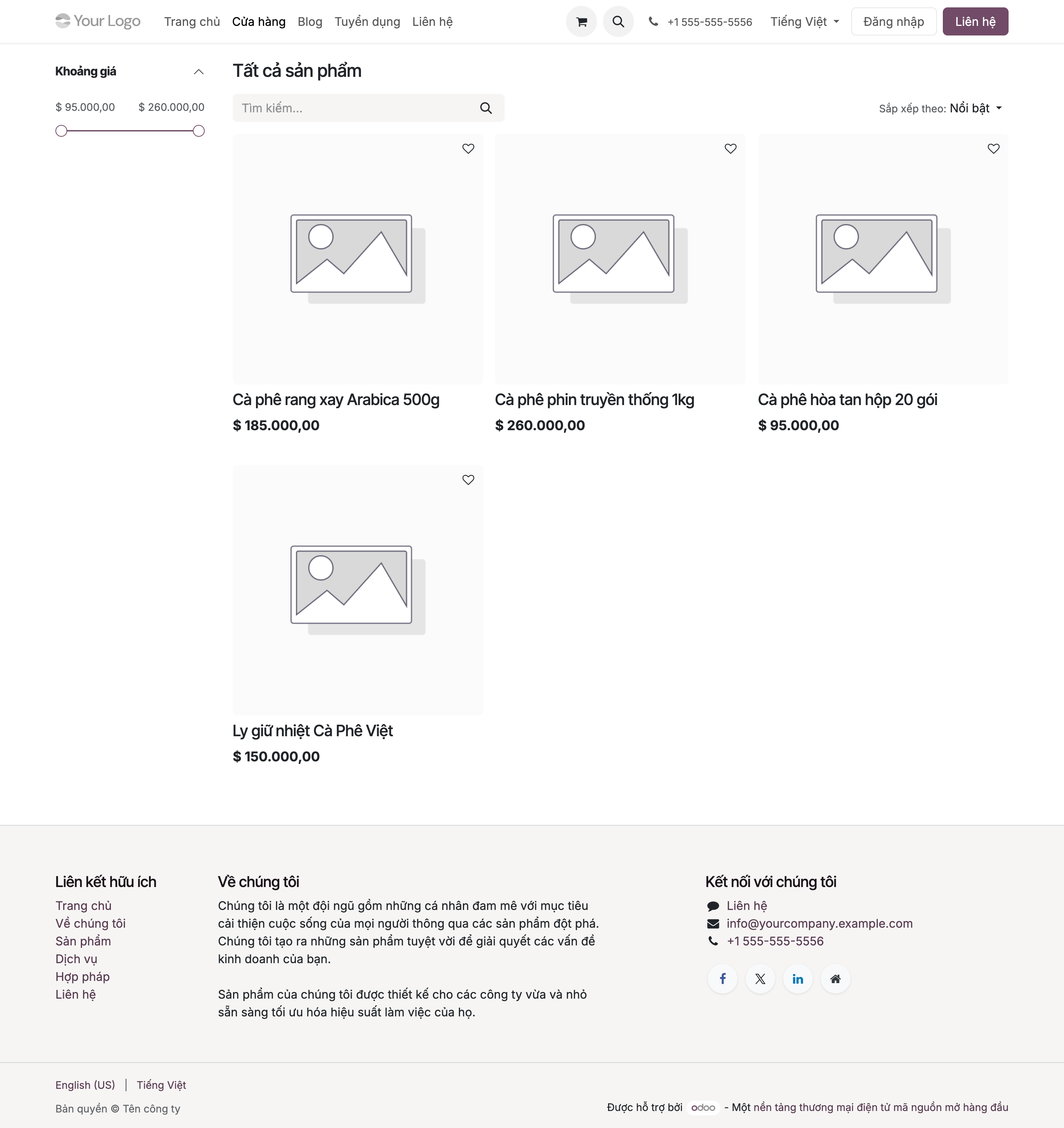 Trang cửa hàng trực tuyến của website với tiêu đề Tất cả sản phẩm, thanh lọc theo khoảng giá bên trái, và bốn sản phẩm dạng thẻ: Cà phê rang xay Arabica 500g 185.000, Cà phê phin truyền thống 1kg 260.000, Cà phê hòa tan hộp 20 gói 95.000, Ly giữ nhiệt Cà Phê Việt 150.000; trên cùng có biểu tượng giỏ hàng