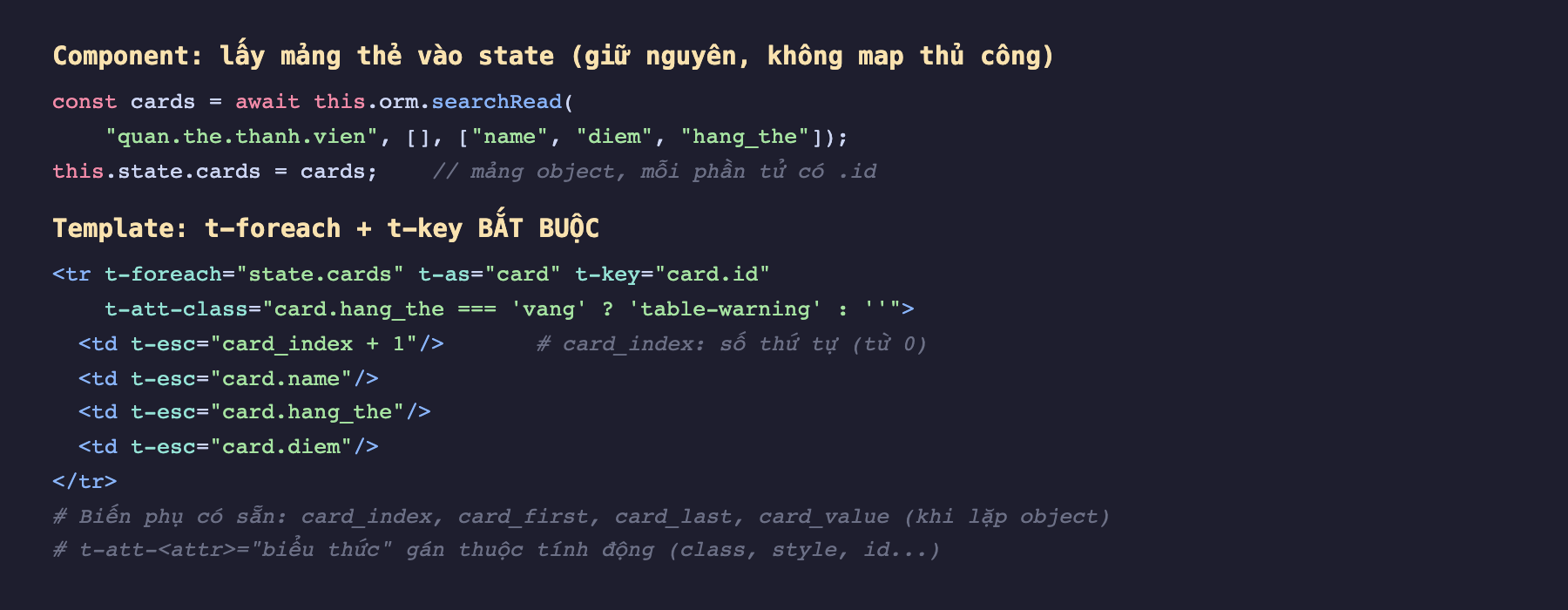 Ảnh chụp đoạn mã nền tối hai phần. Phần trên component gọi await this orm searchRead quan.the.thanh.vien lấy name diem hang_the gán this state cards bằng cards chú thích mảng object mỗi phần tử có chấm id. Phần dưới template tr t-foreach state cards t-as card t-key card chấm id t-att-class card hang_the bằng vang thì table-warning ngược lại rỗng, bên trong td t-esc card_index cộng 1 chú thích card_index số thứ tự từ 0, td t-esc card name, td t-esc card hang_the, td t-esc card diem, và chú thích biến phụ card_index card_first card_last card_value khi lặp object, t-att attr biểu thức gán thuộc tính động class style id