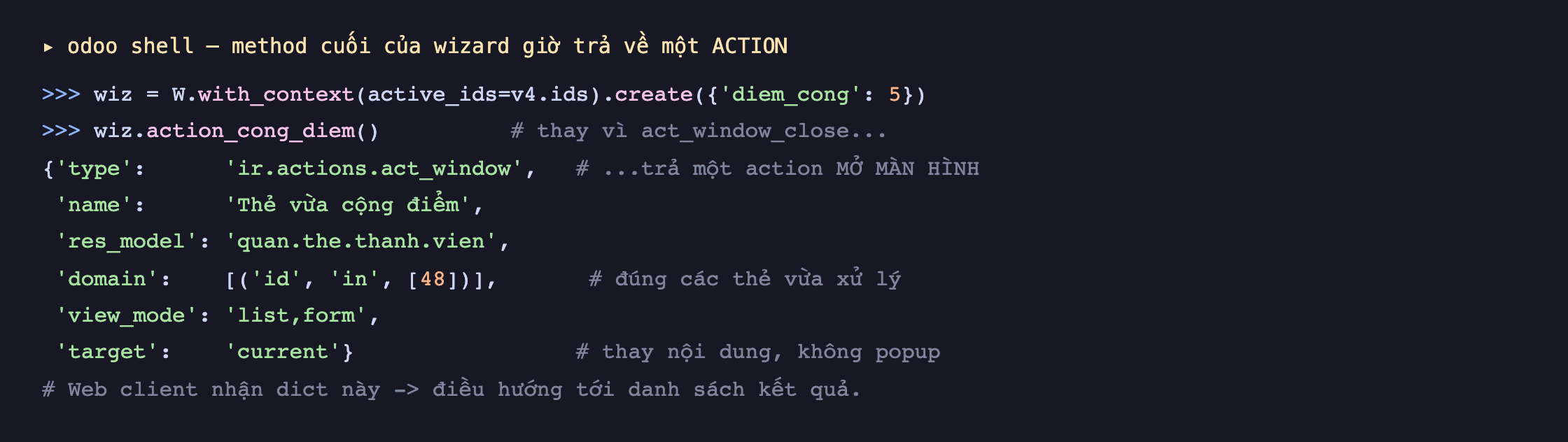 Ảnh chụp phiên odoo shell tạo wizard với active_ids của VIP-0004, gọi action_cong_diem, kết quả trả về một dict với type ir.actions.act_window, name Thẻ vừa cộng điểm, res_model quan.the.thanh.vien, domain id in 48 đúng các thẻ vừa xử lý, view_mode list form, target current; kèm chú thích web client nhận dict này rồi điều hướng tới danh sách kết quả