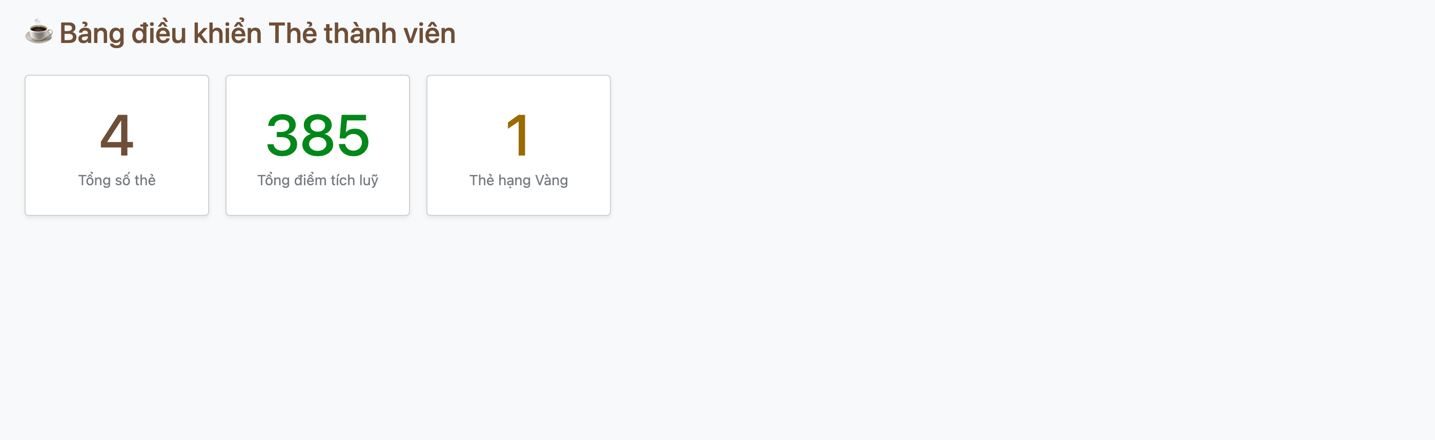 Ảnh chụp giao diện Odoo thật hiển thị một màn hình dashboard tự vẽ tiêu đề Bảng điều khiển Thẻ thành viên kèm biểu tượng ly cà phê, bên dưới là ba thẻ số liệu: số 4 màu nâu nhãn Tổng số thẻ, số 385 màu xanh lá nhãn Tổng điểm tích luỹ, số 1 màu vàng nhãn Thẻ hạng Vàng