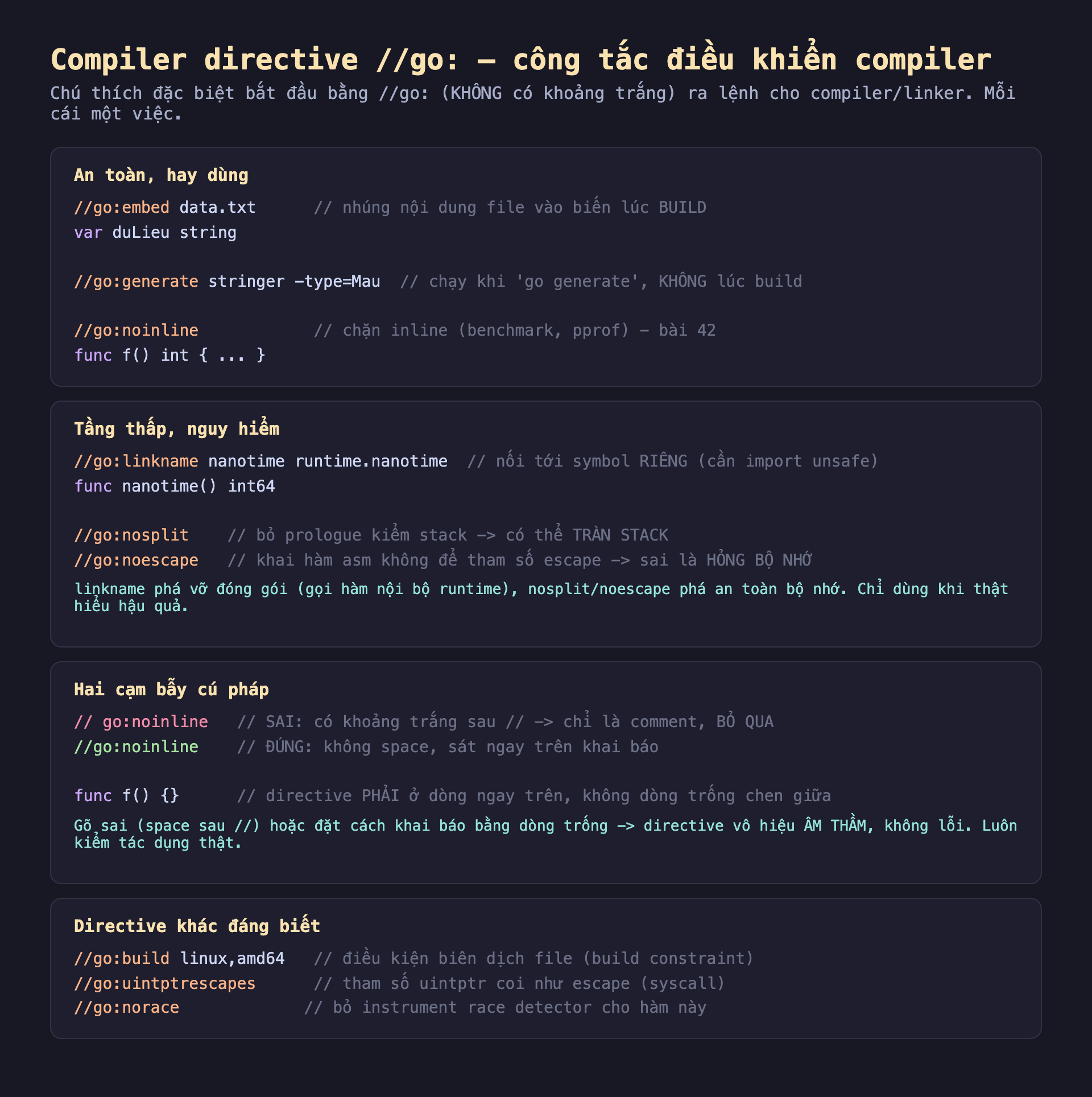 Ảnh chụp đoạn mã Go nền tối minh hoạ compiler directive go công tắc điều khiển compiler, chú thích đặc biệt bắt đầu bằng go không có khoảng trắng ra lệnh cho compiler linker mỗi cái một việc, an toàn hay dùng go embed data.txt nhúng nội dung file vào biến lúc build var duLieu string go generate stringer type Mau chạy khi go generate không lúc build go noinline chặn inline benchmark pprof bài 42 func f int, tầng thấp nguy hiểm go linkname nanotime runtime nanotime nối tới symbol riêng cần import unsafe func nanotime int64 go nosplit bỏ prologue kiểm stack có thể tràn stack go noescape khai hàm asm không để tham số escape sai là hỏng bộ nhớ linkname phá vỡ đóng gói gọi hàm nội bộ runtime nosplit noescape phá an toàn bộ nhớ chỉ dùng khi thật hiểu hậu quả, hai cạm bẫy cú pháp go noinline có khoảng trắng sau gạch chéo sai chỉ là comment bỏ qua go noinline đúng không space sát ngay trên khai báo func f directive phải ở dòng ngay trên không dòng trống chen giữa gõ sai space sau hoặc đặt cách khai báo bằng dòng trống directive vô hiệu âm thầm không lỗi luôn kiểm tác dụng thật, directive khác đáng biết go build linux amd64 điều kiện biên dịch file build constraint go uintptrescapes tham số uintptr coi như escape syscall go norace bỏ instrument race detector cho hàm này