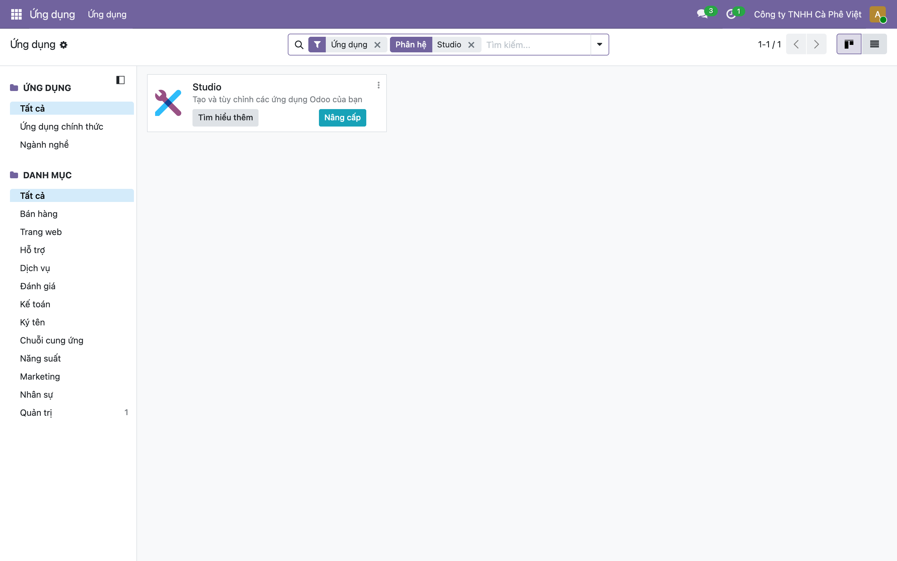Màn hình Ứng dụng của Odoo lọc theo Studio, hiện một ô ứng dụng tên Studio - Tạo và tùy chỉnh các ứng dụng Odoo của bạn, với nút Tìm hiểu thêm và nút Nâng cấp màu xanh