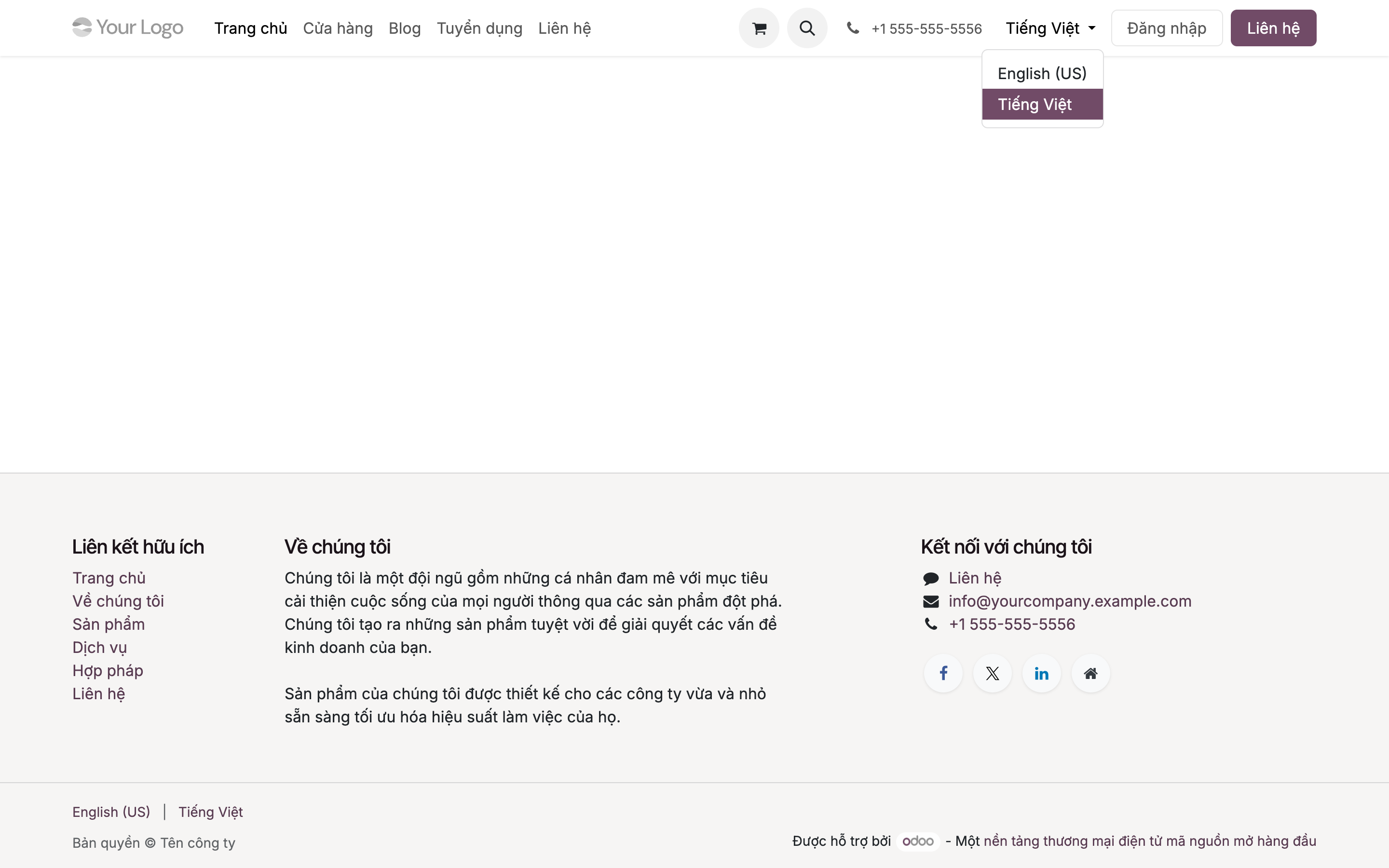 Website ở chế độ tiếng Việt với bộ chọn ngôn ngữ mở ra ở góc phải navbar, hiện hai lựa chọn English US và Tiếng Việt; thanh menu và chân trang đều tiếng Việt