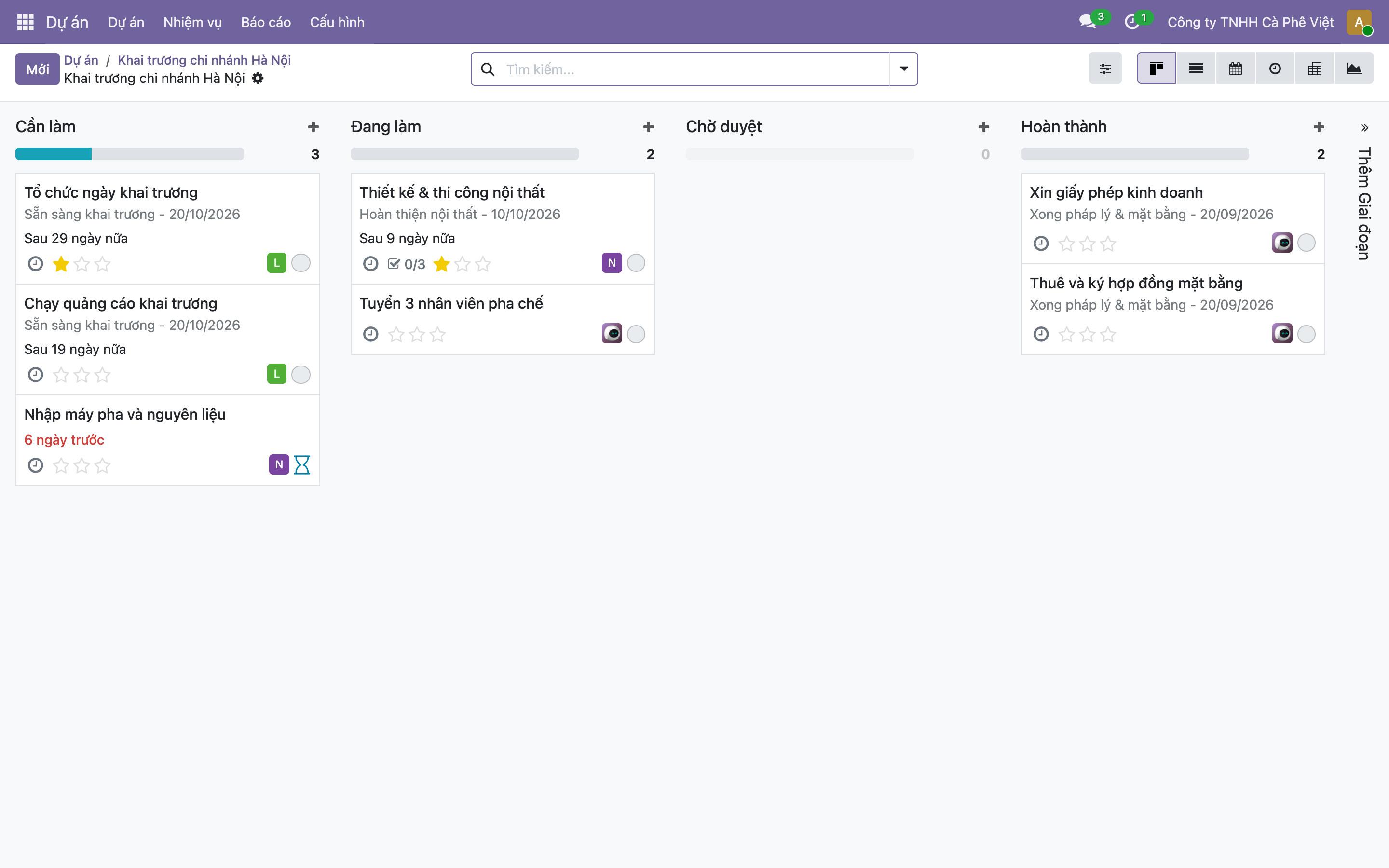 Bảng kanban dự án Khai trương chi nhánh Hà Nội, mỗi thẻ nhiệm vụ hiển thị thêm dòng cột mốc kèm ngày: Xin giấy phép và Thuê mặt bằng thuộc Xong pháp lý mặt bằng 20/09/2026, Thiết kế thi công nội thất thuộc Hoàn thiện nội thất 10/10/2026, Tổ chức khai trương và Chạy quảng cáo thuộc Sẵn sàng khai trương 20/10/2026