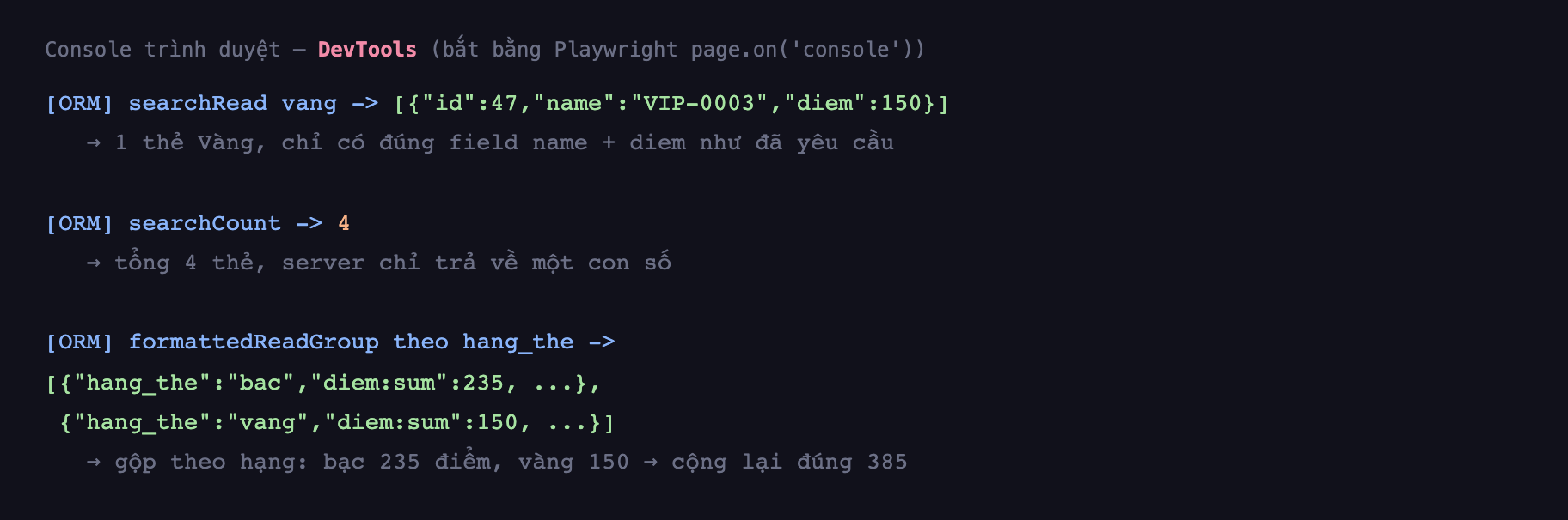 Ảnh chụp console trình duyệt DevTools nền tối hiển thị ba dòng kết quả thật, dòng đầu searchRead vang trả về một mảng gồm một bản ghi id 47 name VIP-0003 diem 150 tức đúng một thẻ Vàng và chỉ đúng hai field name với diem như đã yêu cầu, dòng hai searchCount trả về số 4 là tổng số thẻ, dòng ba formattedReadGroup theo hang_the trả về mảng hai nhóm hạng bạc tổng điểm 235 và hạng vàng tổng điểm 150 cộng lại đúng 385