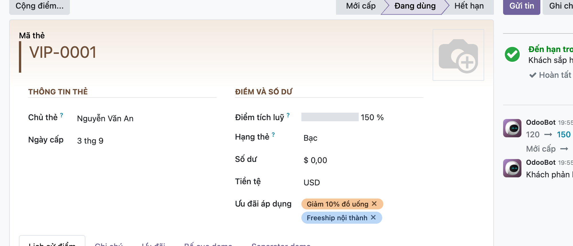 Ảnh chụp giao diện Odoo thật form thẻ VIP-0001 sau khi áp SCSS: mã thẻ VIP-0001 in màu nâu cà phê với một vạch dọc nâu bên trái làm điểm nhấn, hai tiêu đề nhóm THÔNG TIN THẺ và ĐIỂM VÀ SỐ DƯ cũng màu nâu, phần đầu của sheet có nền chuyển sắc kem nhạt rồi nhạt dần về trắng; bên dưới là các field chủ thẻ ngày cấp điểm tích luỹ hạng thẻ số dư tiền tệ ưu đãi