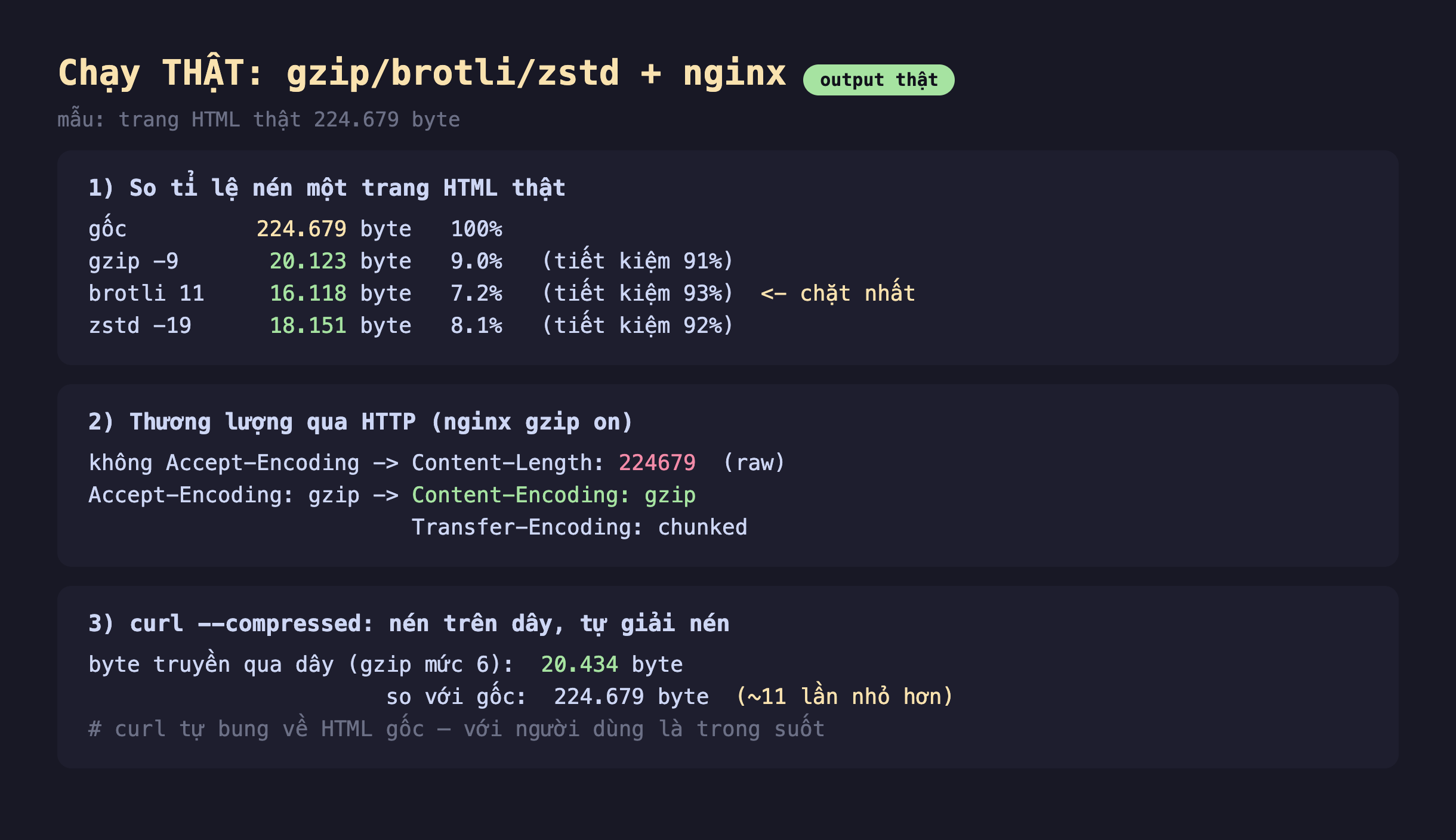 Ảnh chụp bảng kết quả đo thật nền tối chạy gzip brotli zstd và nginx, mẫu trang HTML thật 224.679 byte, phần một so tỉ lệ nén một trang HTML thật gốc 224.679 byte 100% gzip -9 20.123 byte 9.0% tiết kiệm 91% brotli 11 16.118 byte 7.2% tiết kiệm 93% chặt nhất zstd -19 18.151 byte 8.1% tiết kiệm 92%, phần hai thương lượng qua HTTP nginx gzip on không Accept-Encoding ra Content-Length 224679 raw Accept-Encoding gzip ra Content-Encoding gzip Transfer-Encoding chunked, phần ba curl --compressed nén trên dây tự giải nén byte truyền qua dây gzip mức 6 20.434 byte so với gốc 224.679 byte khoảng 11 lần nhỏ hơn curl tự bung về HTML gốc với người dùng là trong suốt