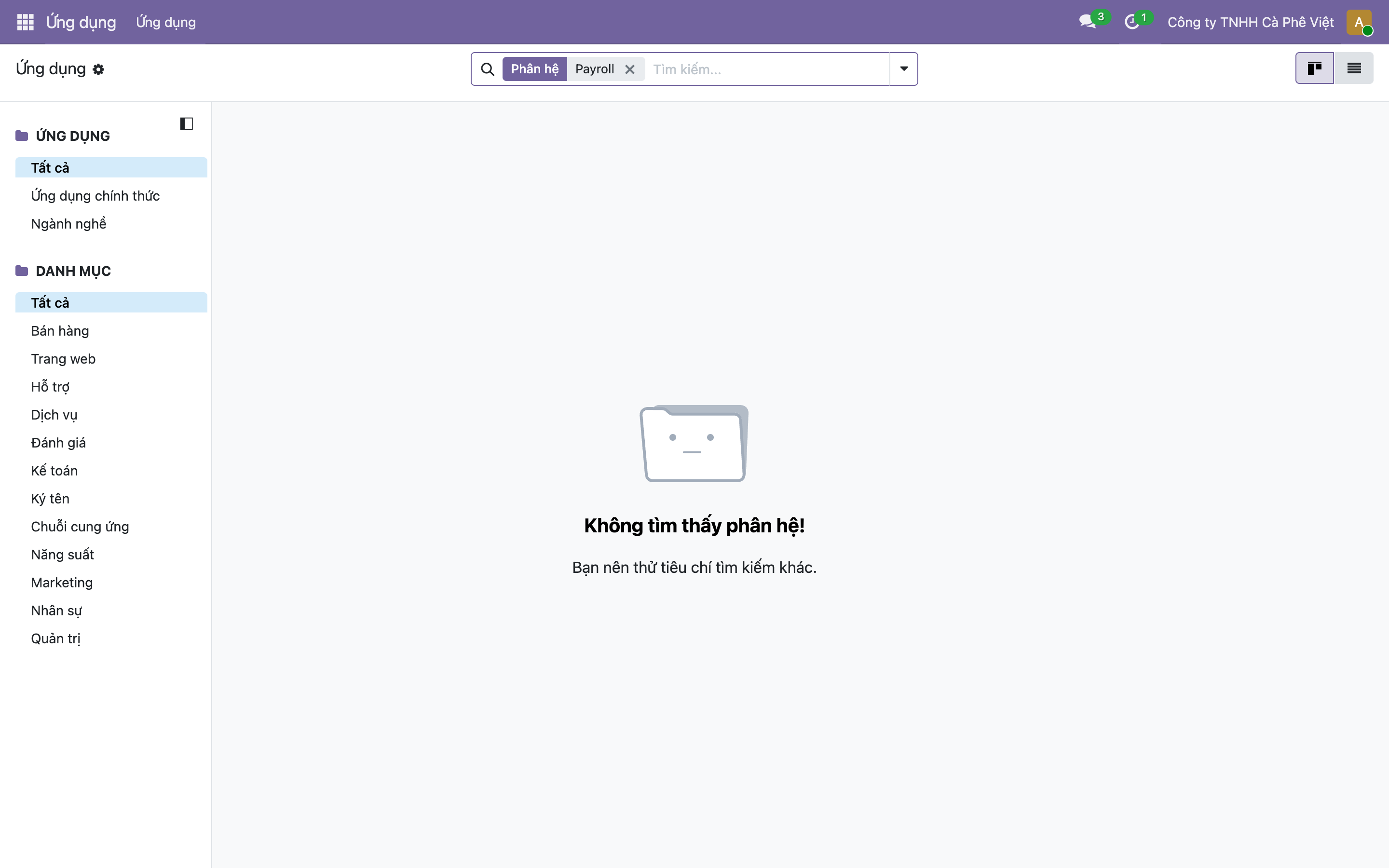 Màn hình Ứng dụng của Odoo tìm từ Payroll nhưng hiện thông báo Không tìm thấy phân hệ, kèm biểu tượng thư mục mặt buồn và dòng chữ Bạn nên thử tiêu chí tìm kiếm khác